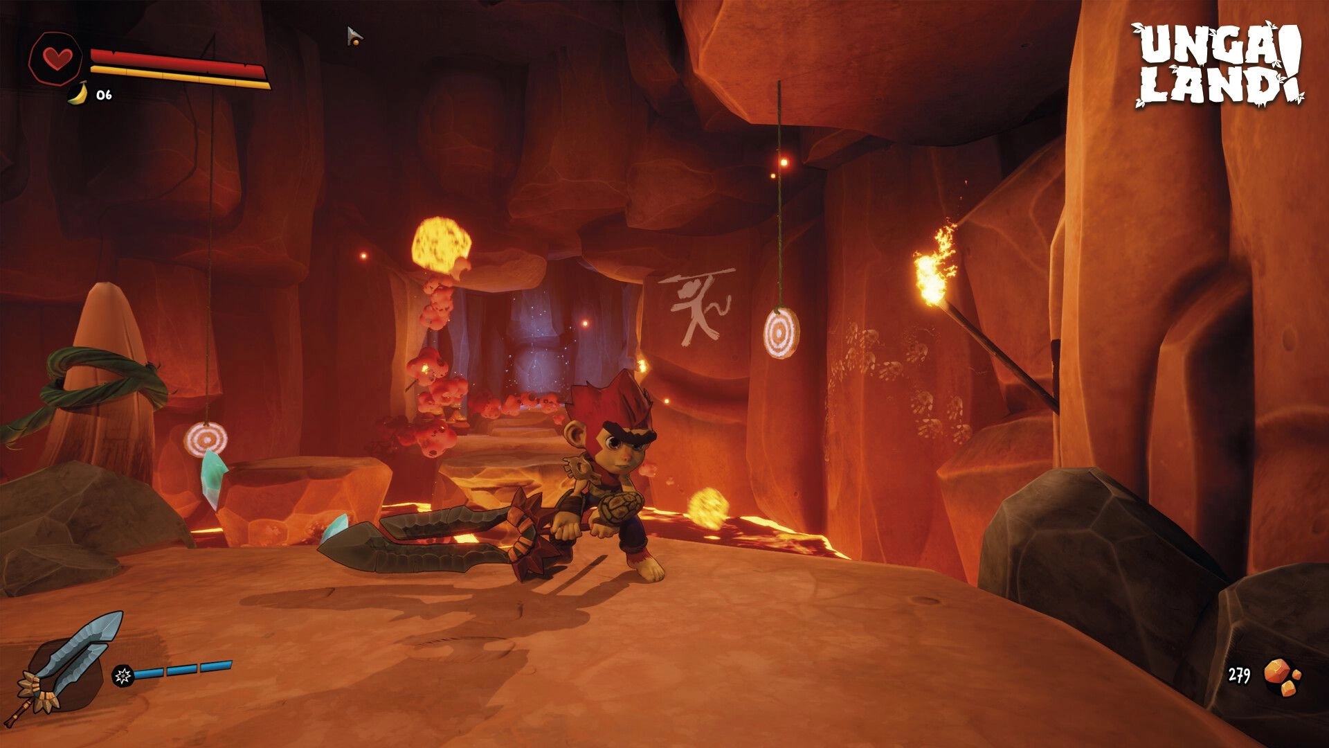 UNGALAND!: Character crouching in fiery cave environment with floating targets and UI health bar visible