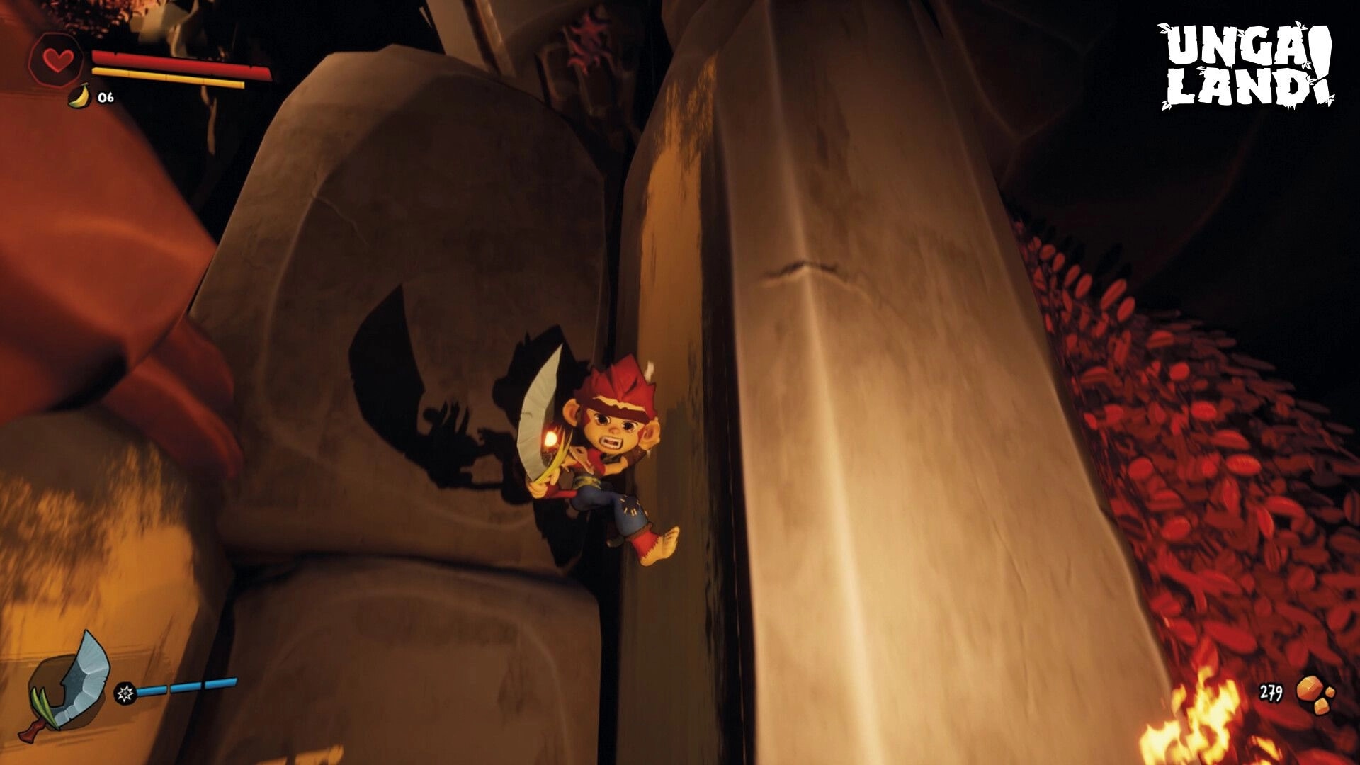 UNGALAND!: Character climbing a rock wall with a sword in hand, lush red foliage visible nearby.