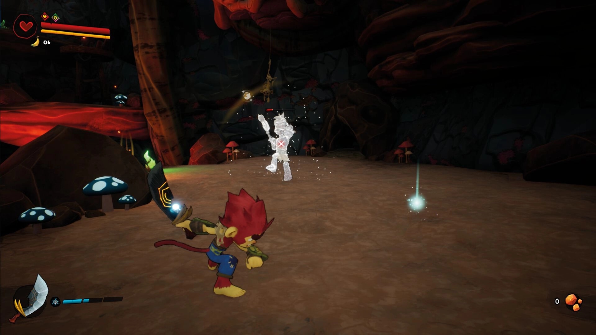 UNGALAND!: Character with red hair battles ice enemy in a cave with glowing mushrooms and game UI visible.