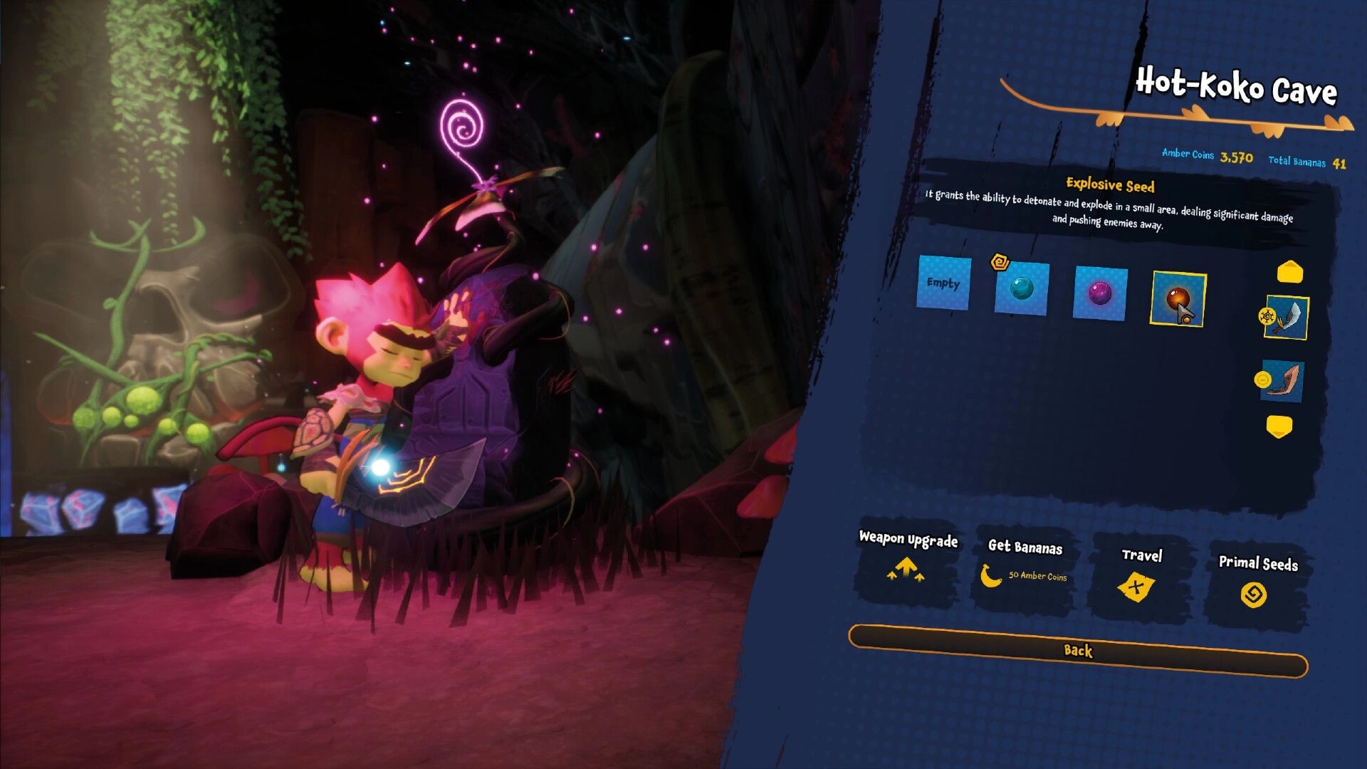 UNGALAND!: Character applies explosive seed in Hot-Koko Cave with inventory and upgrade options visible