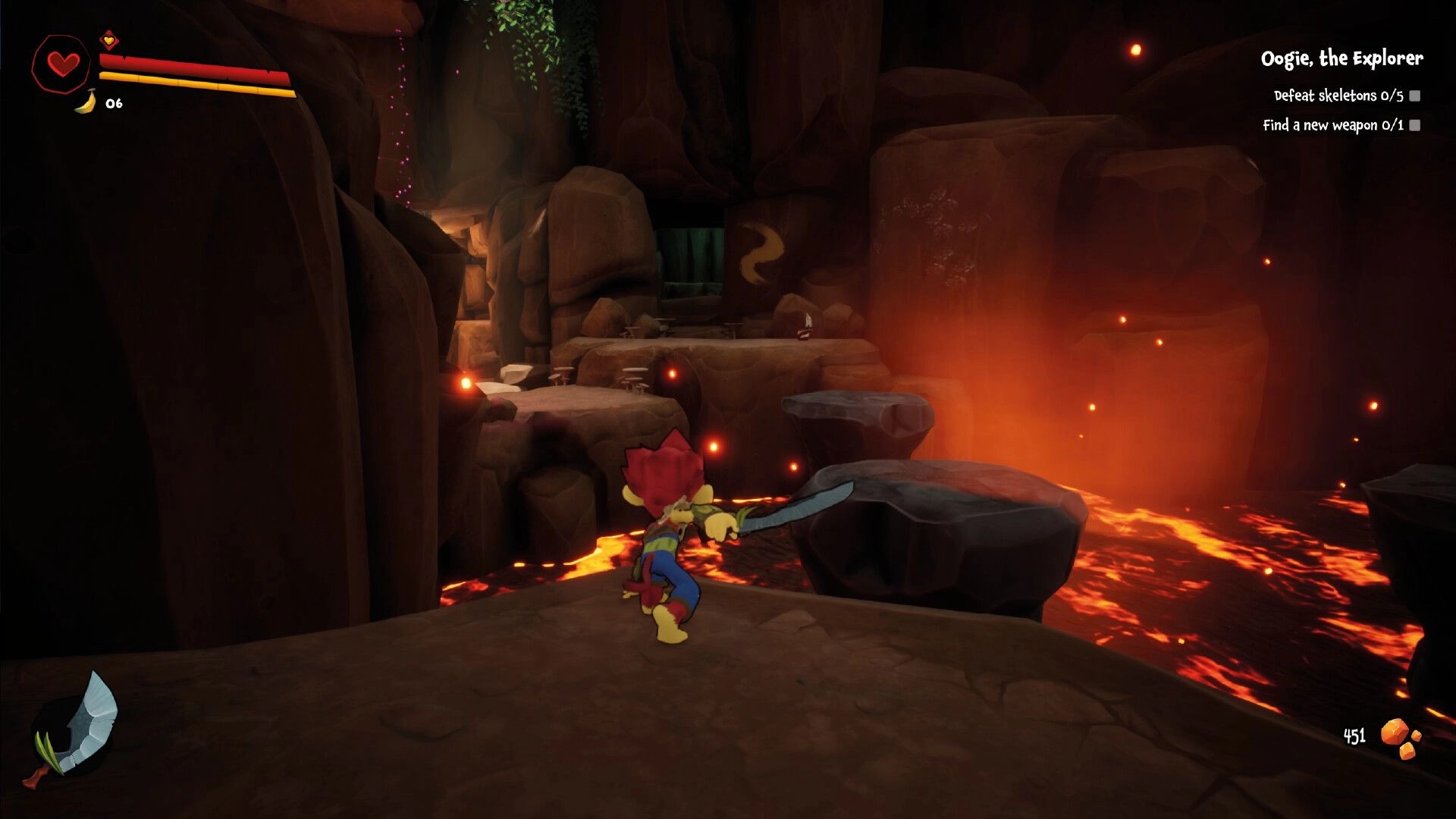 UNGALAND!: Oogie the Explorer navigates a rocky path above lava with health and objectives displayed