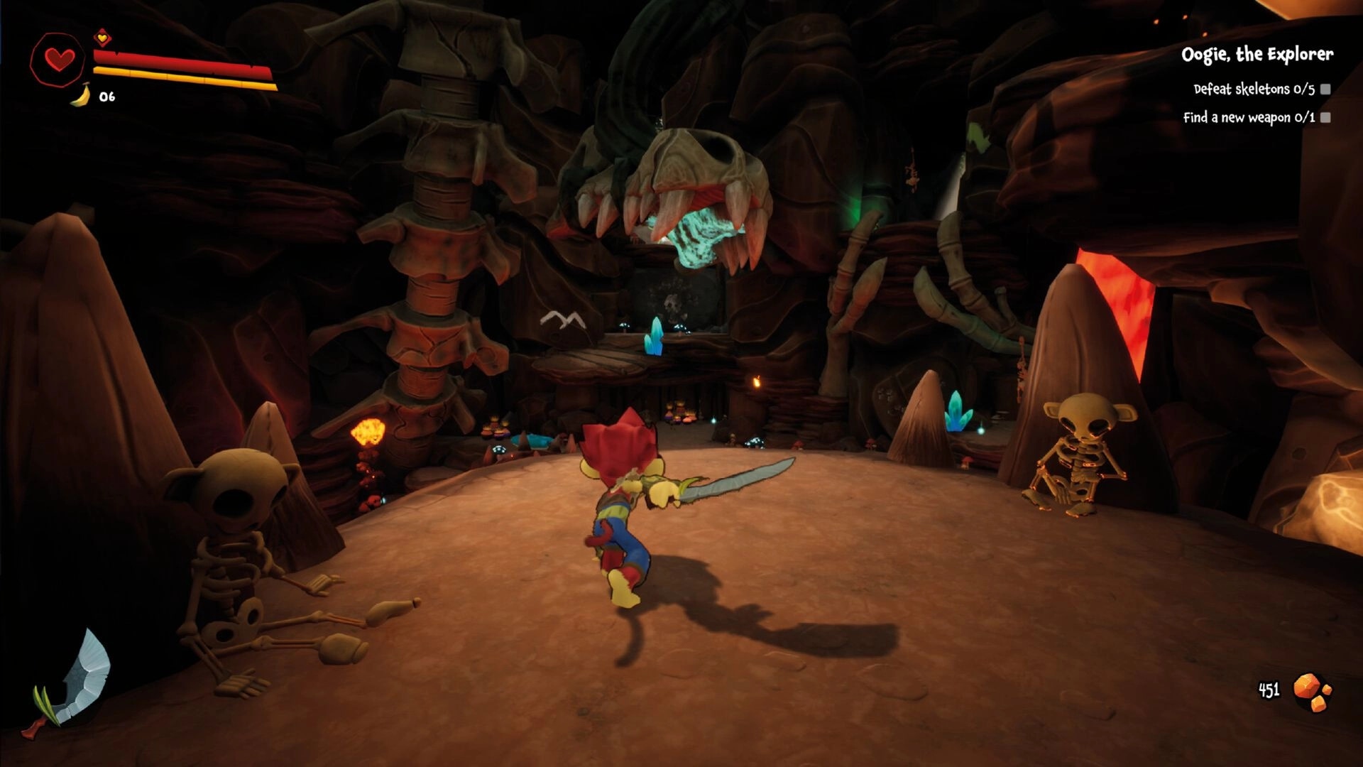 UNGALAND!: Oogie the Explorer in a cave, facing skeletons with sword drawn, quest objectives visible