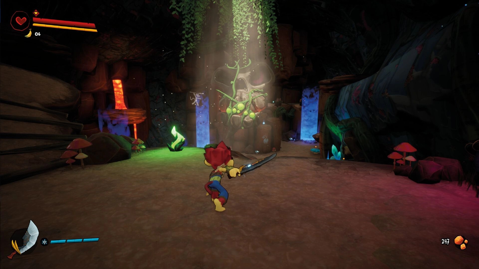 UNGALAND!: Player character with sword explores cave with glowing crystals and a mysterious skull altar