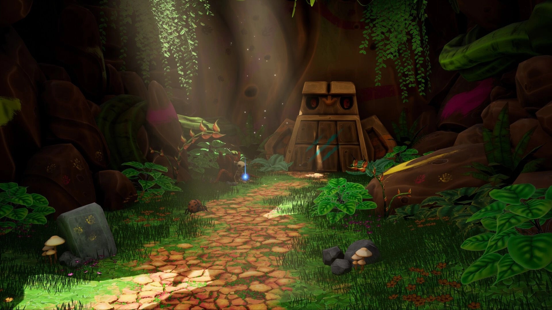 UNGALAND!: Lush jungle path leads to ancient stone door surrounded by vibrant plants and sunlight beams