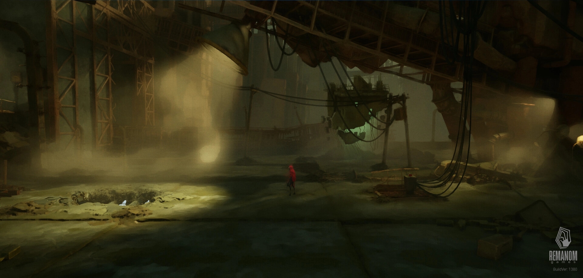 Unhappening: Lone red-cloaked figure walking through a foggy ruined hangar with cables overhead.
