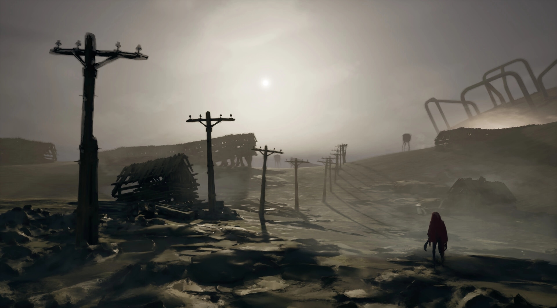 Unhappening: Lone hooded figure walks across muddy flats past broken poles in foggy ruins.