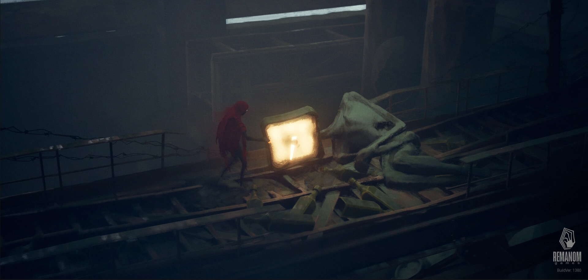 Unhappening: Hooded figure beside a glowing TV on a wrecked catwalk in a dark industrial hall.