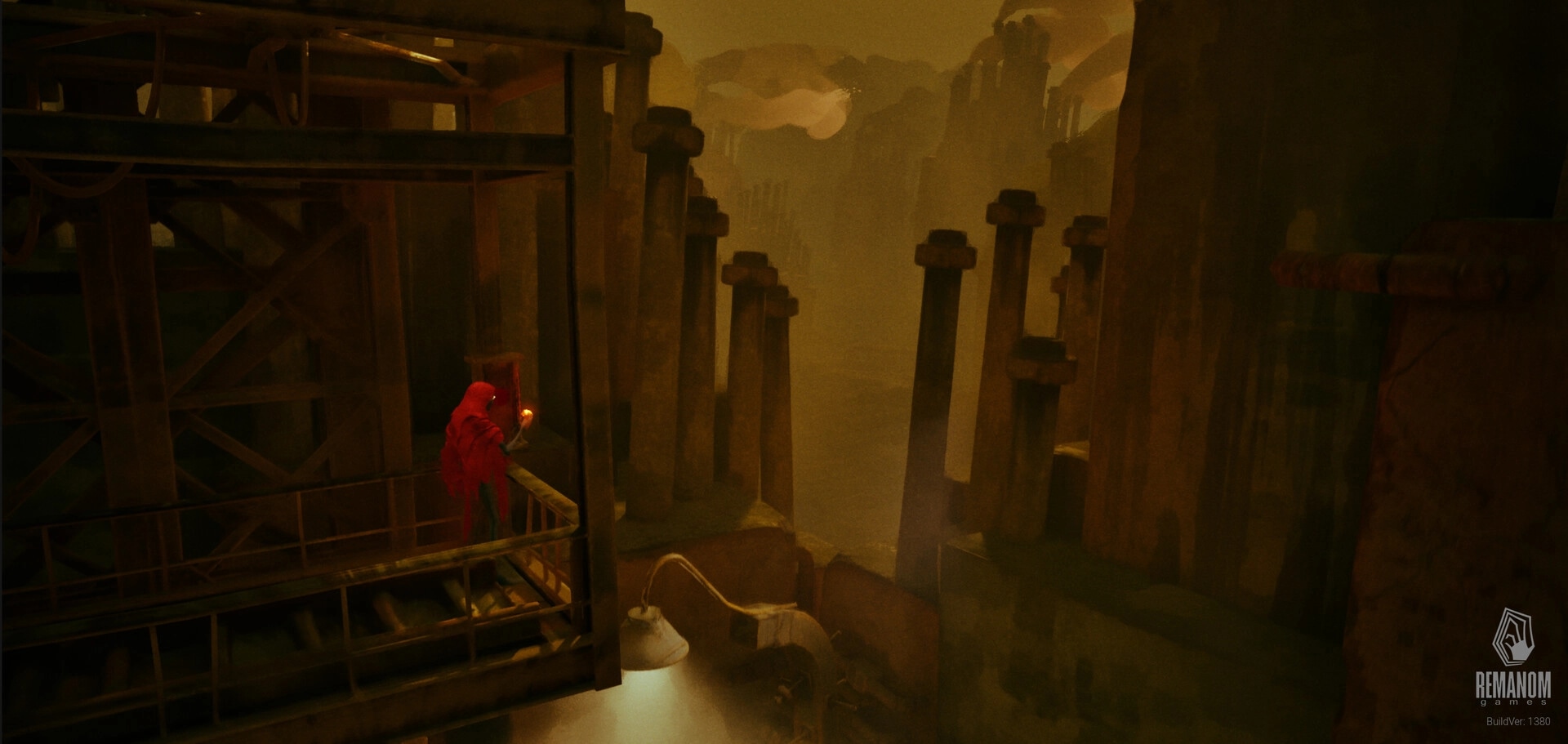 Unhappening: Red-cloaked figure holds a torch on a metal platform above foggy wooden pillars.