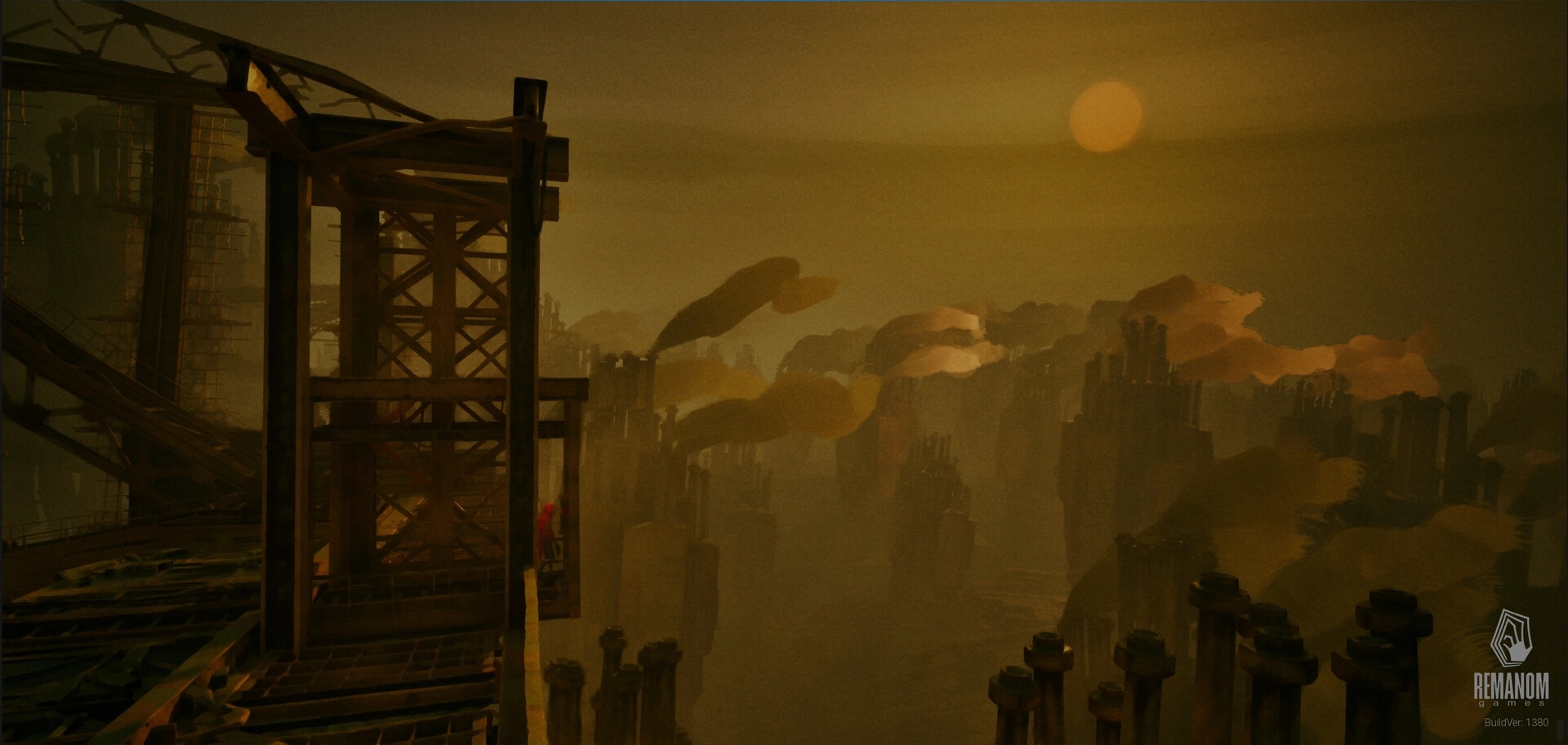 Unhappening: Lone figure on rusty scaffold platform overlooking foggy ruins under a dim sun.