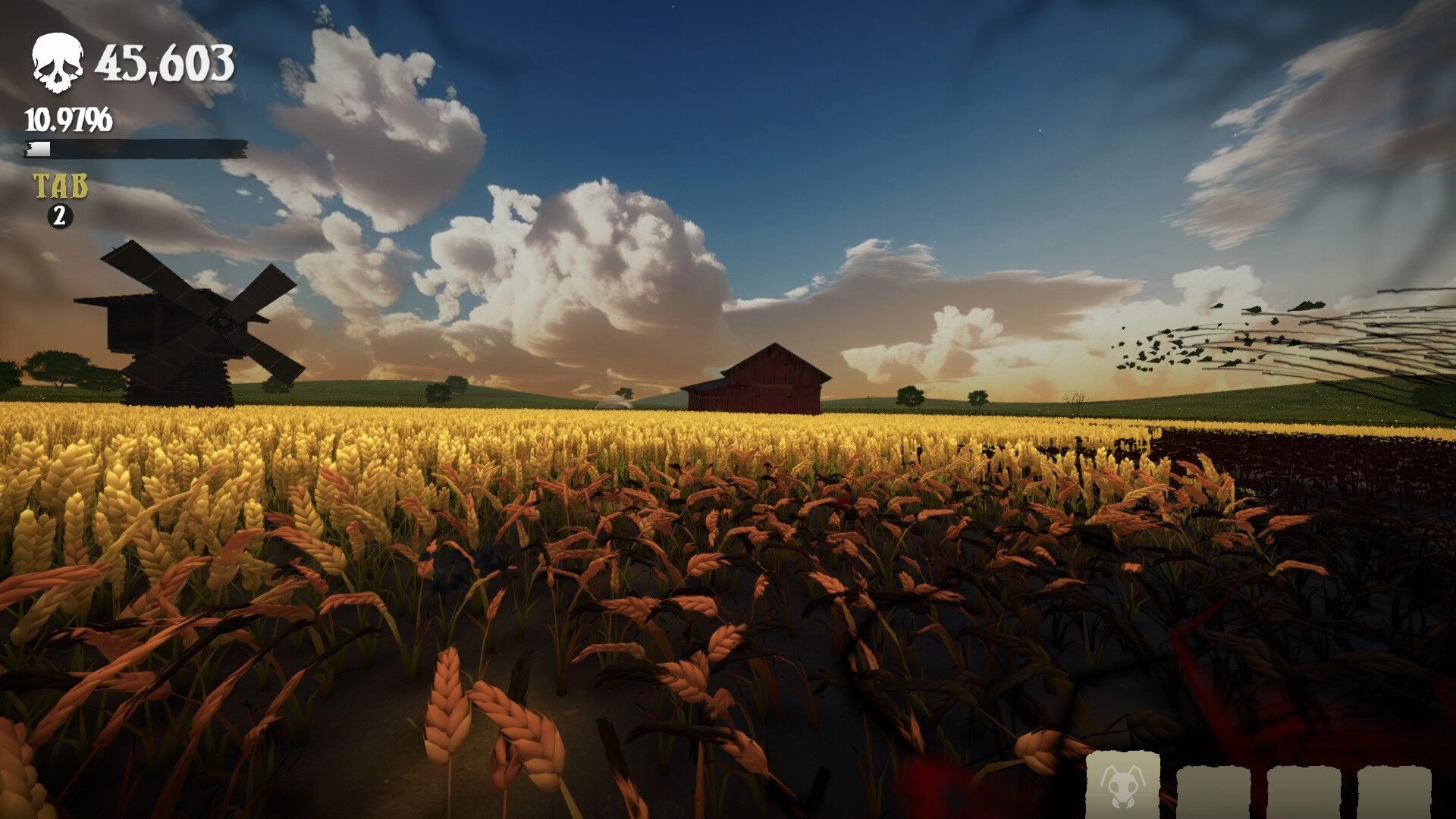 Unharvest: Wheat field with windmill and barn, skull score 45,603 and progress bar UI at sunset sky.