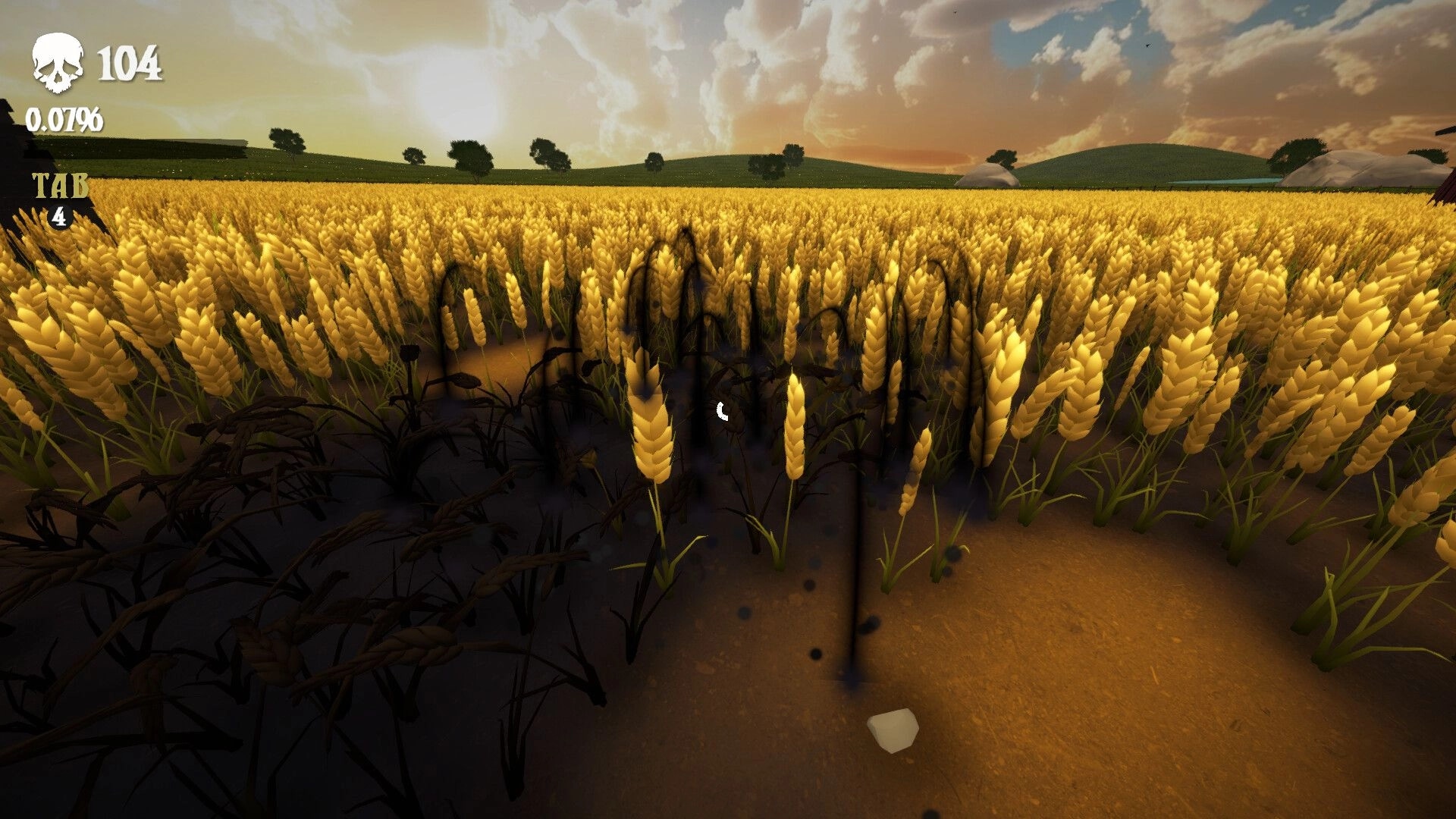 Unharvest: Black plague spreads through wheat field with skull counter and progress percent at sunset.