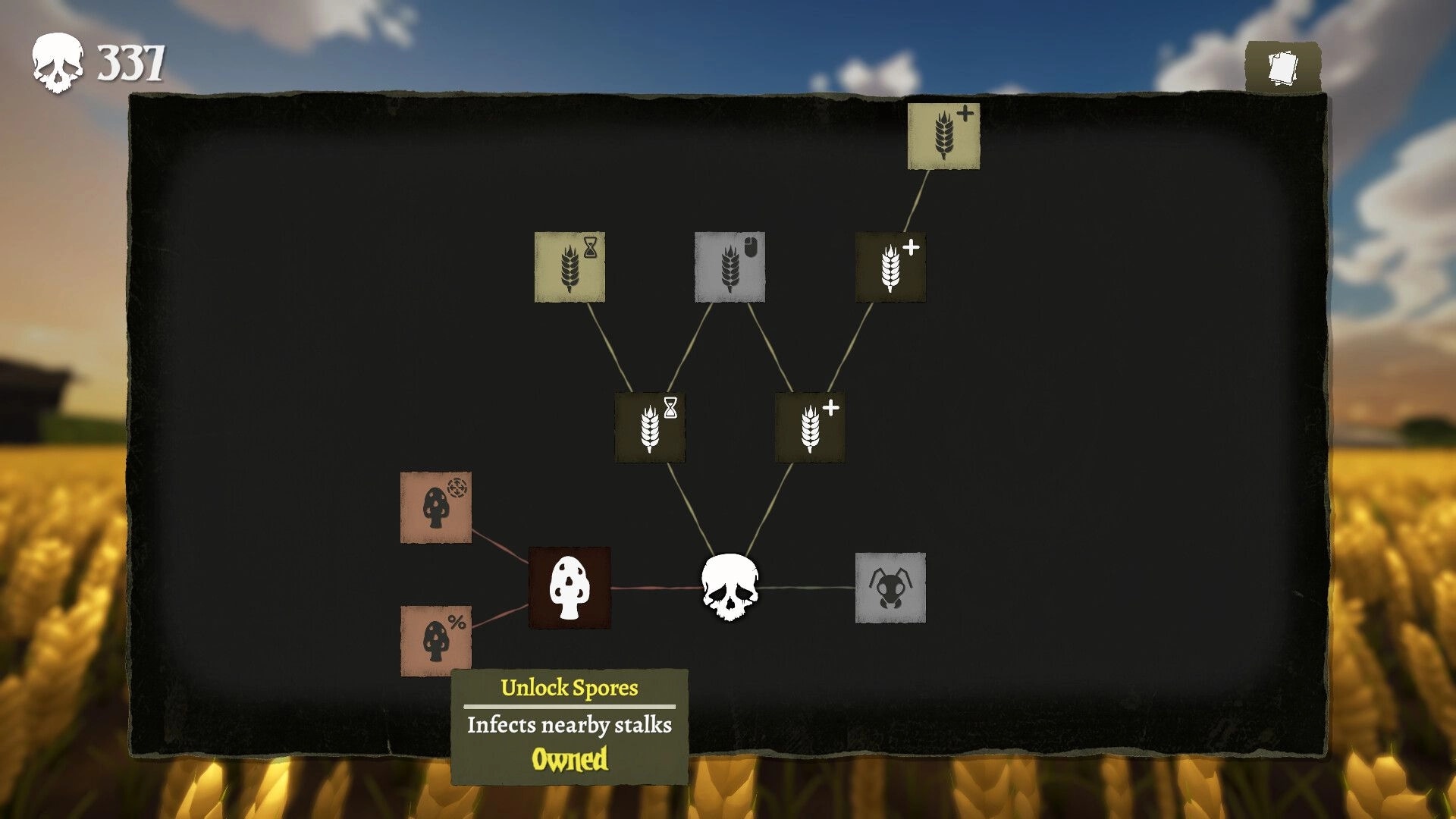 Unharvest: Upgrade tree menu with wheat, skull, and spores icons over a blurred wheat field backdrop.