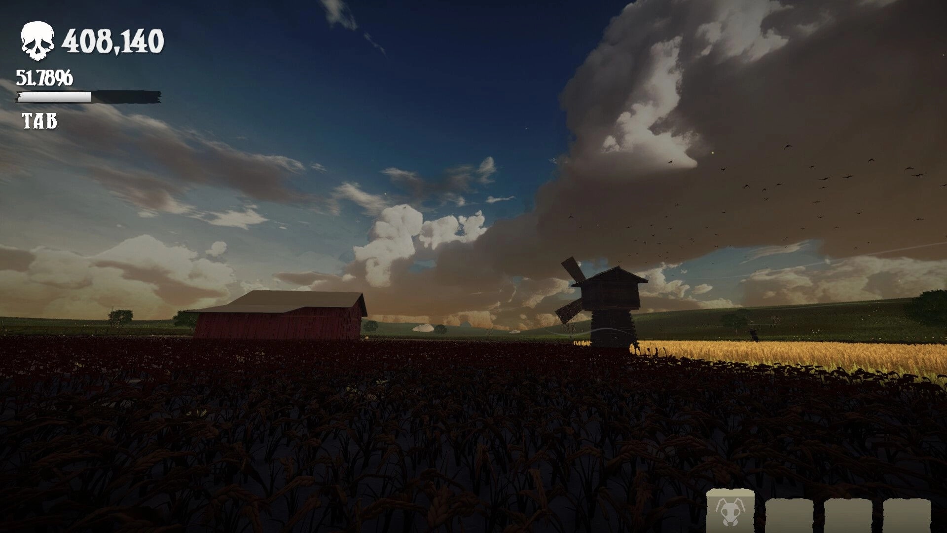 Unharvest: Farm landscape HUD with skull score, percent bar, and tab prompt over barn and windmill field.