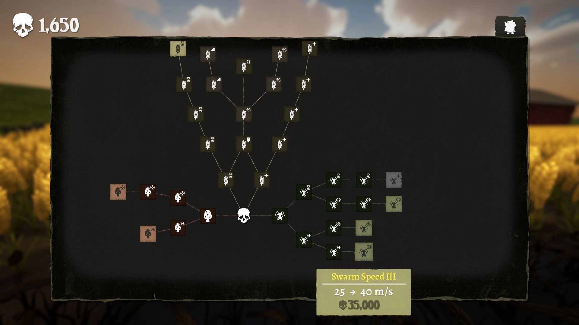 Unharvest: Upgrade skill tree with wheat and skull nodes, Swarm Speed III tooltip over wheat field backdrop.