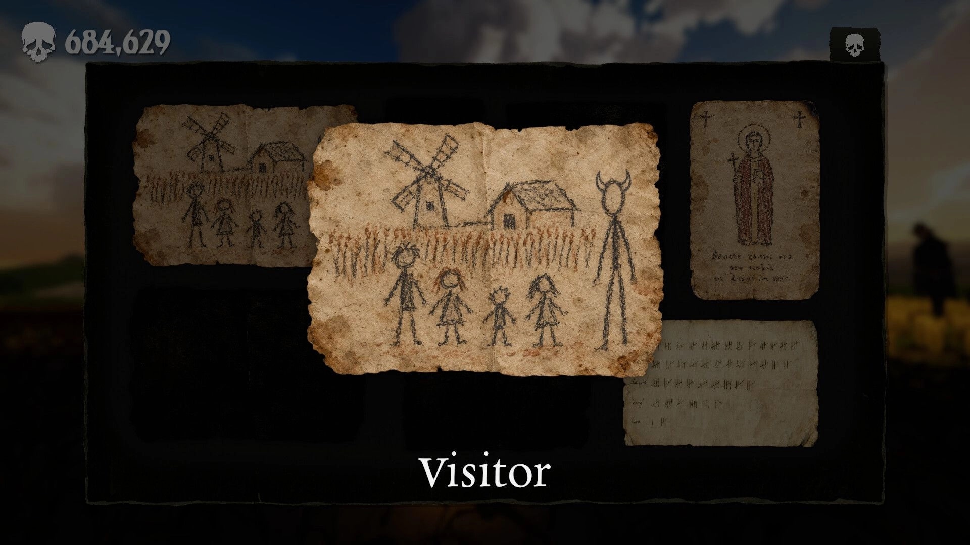 Unharvest: Visitor event screen with parchment drawings of village, family, and horned figure UI.