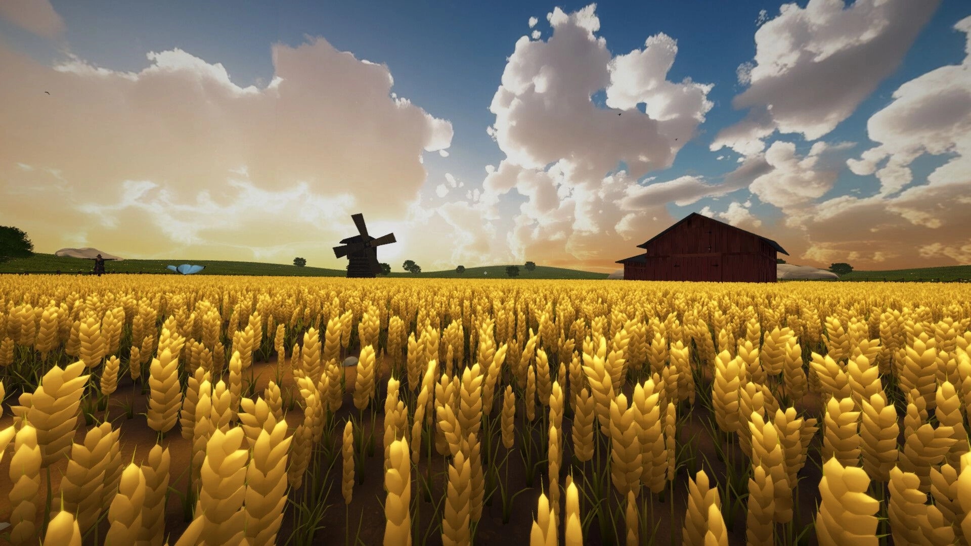 Unharvest: Golden wheat field at sunset with a windmill and red barn under dramatic clouds.