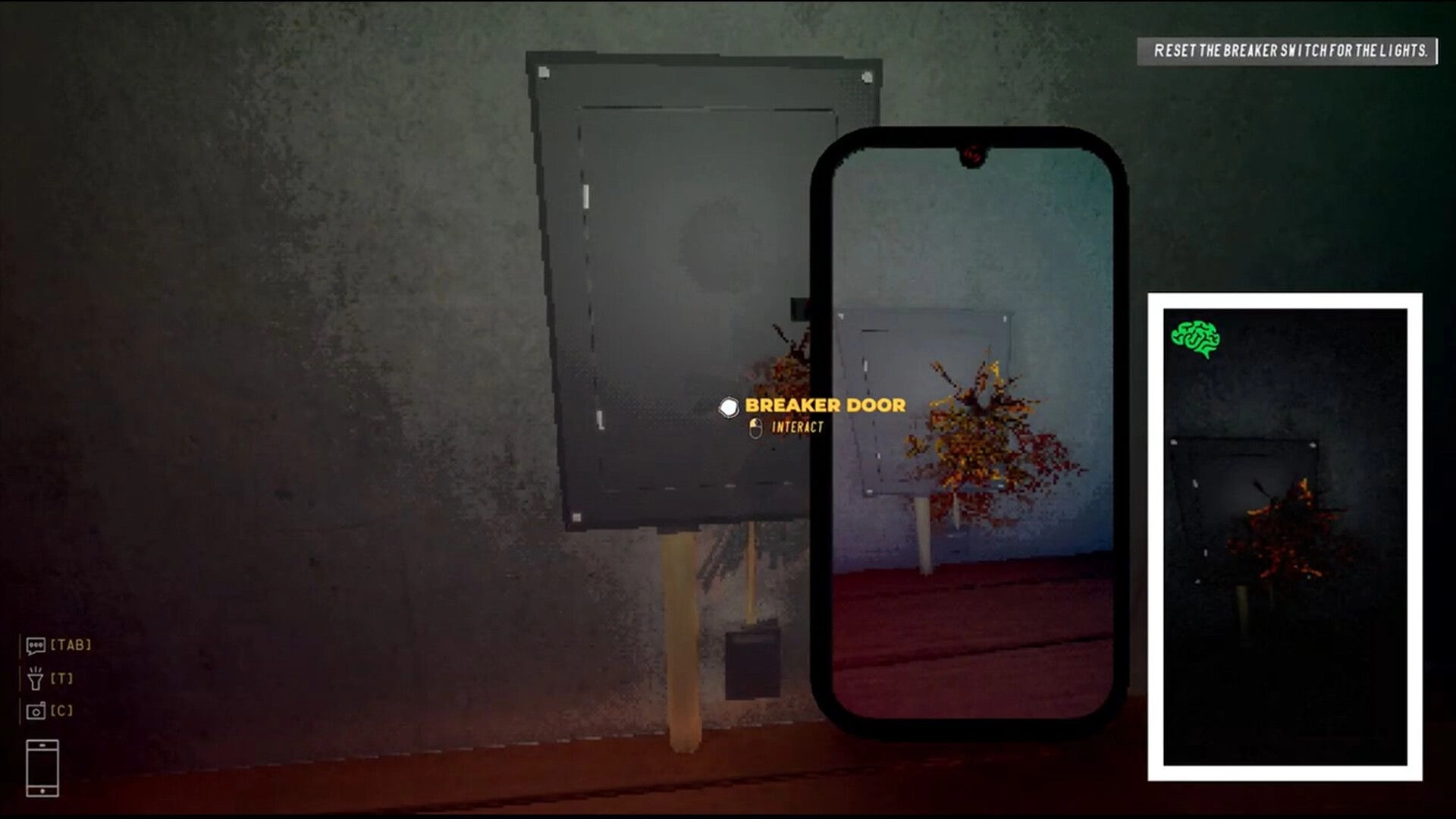 Unhomely: Interact prompt on breaker door while phone camera frames bloodstained wall in cabin hallway.