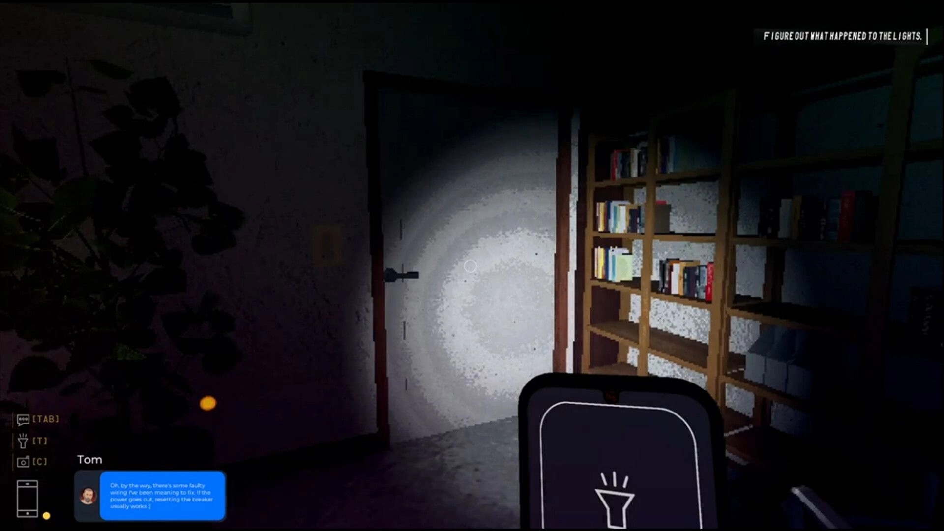 Unhomely: Flashlight aimed at a closed door, phone message from Tom in a dark study room.