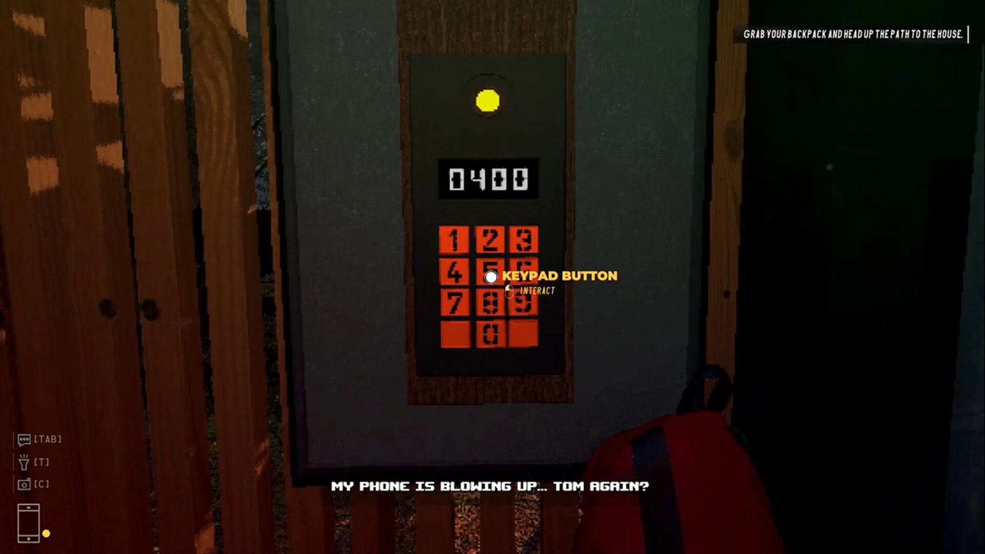 Unhomely: Interacting with a red keypad lock showing 0400 on a cabin wall at night outdoors.