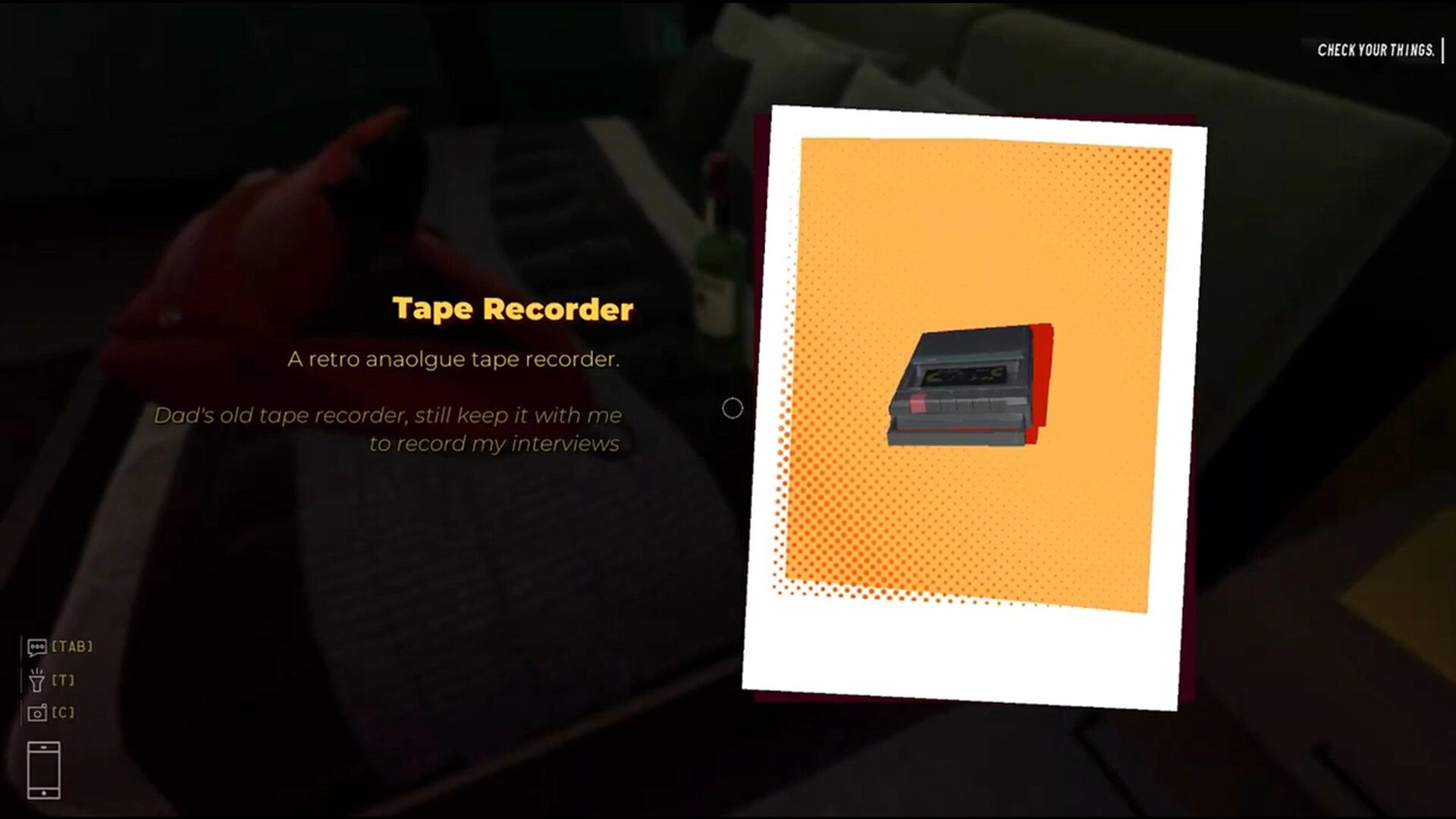 Unhomely: Inventory item view for a tape recorder with description text in a dim room background.