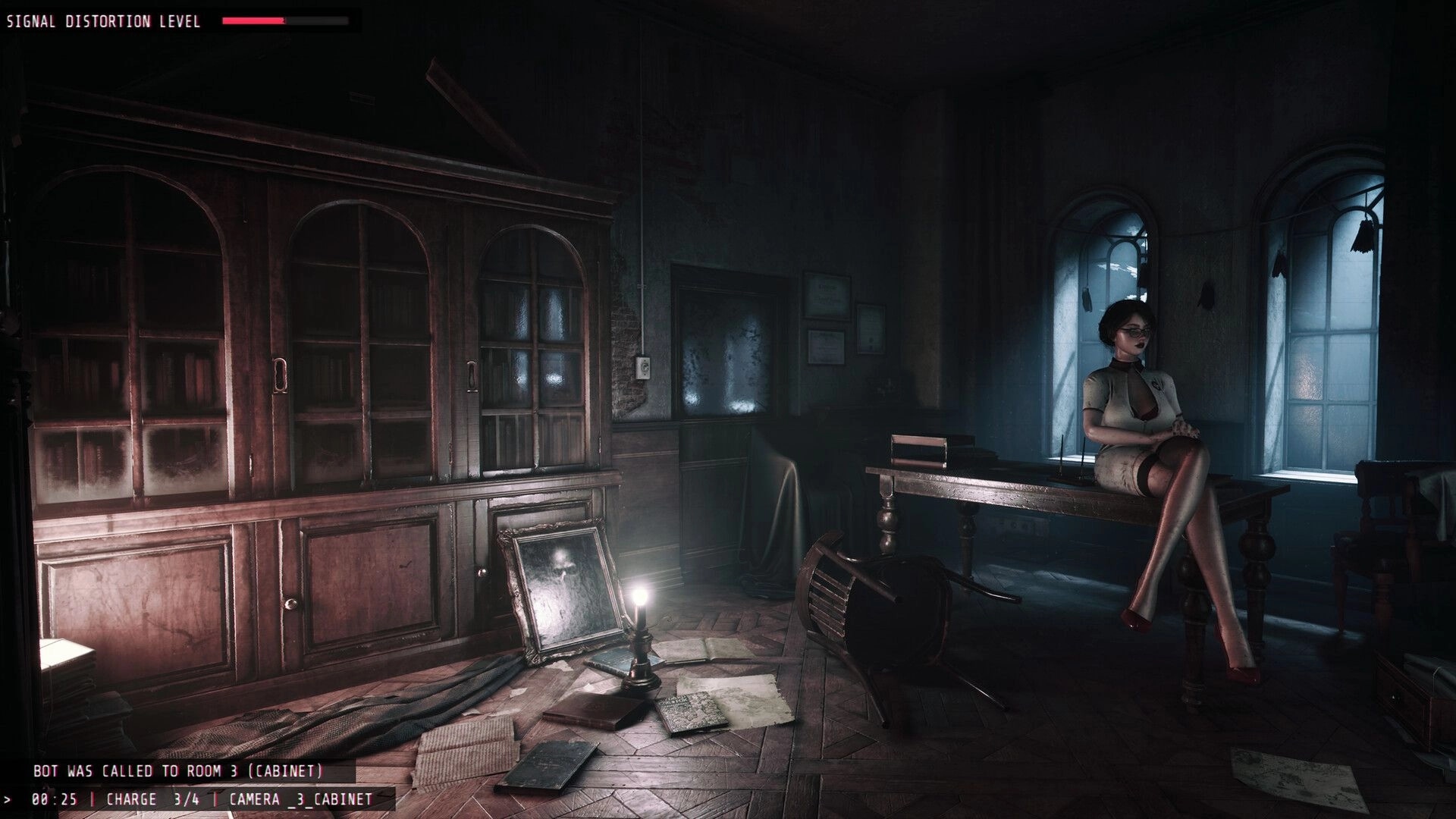 UNHOST: Surveillance camera view with distortion meter in dusty office, woman seated on desk by windows.