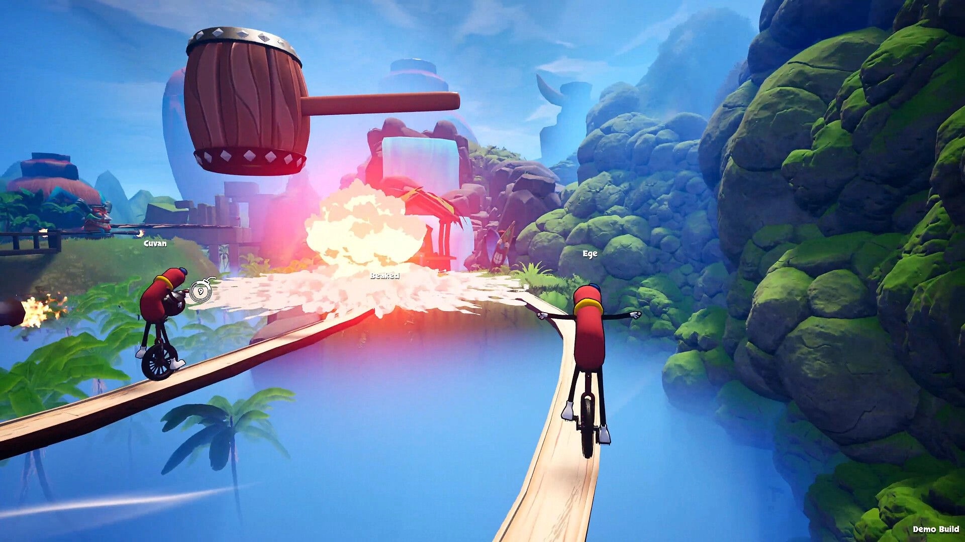 Unicycle Together: Two sausage riders dodge an explosion on narrow planks above a canyon cliffside.