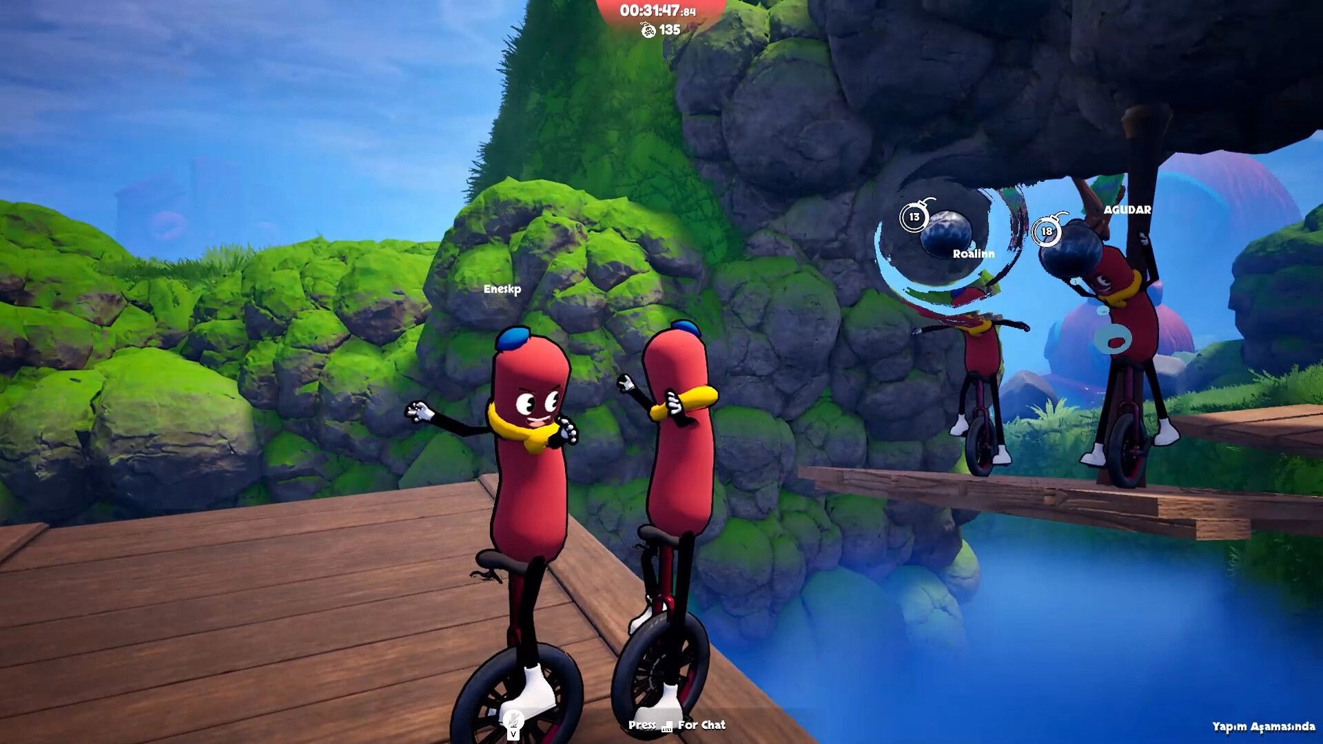 Unicycle Together: Four sausage riders balance on planks over water under rocky arch, timer HUD visible.