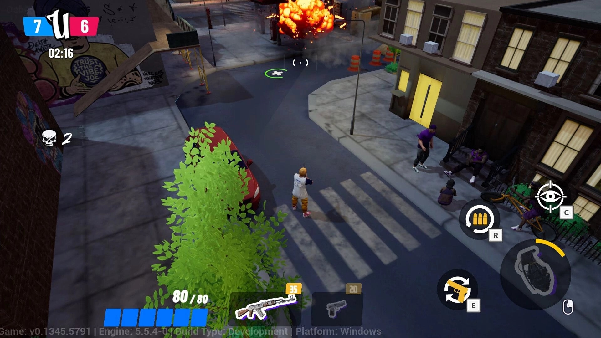 UniqKiller: Player in crosswalk aiming at explosion in urban street with HUD and score displayed