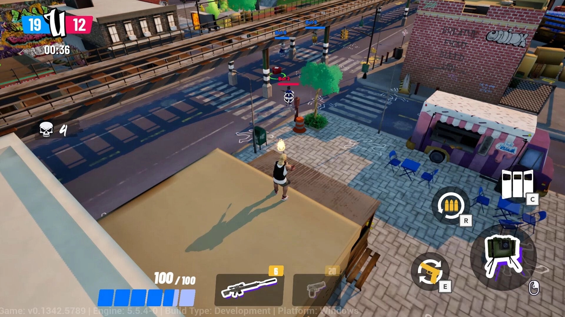 UniqKiller: Player on rooftop aiming at bots on urban street with UI showing health and weapons