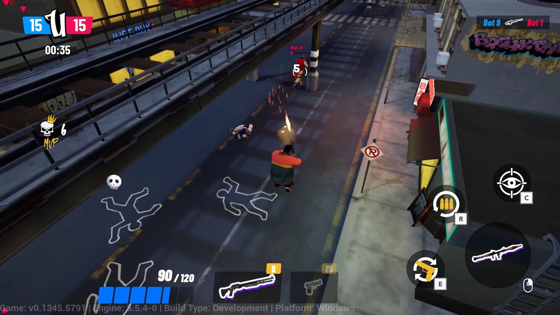 UniqKiller: Player in combat with Bot 3 on urban street, score tied at 15, UI shows ammo and weapons