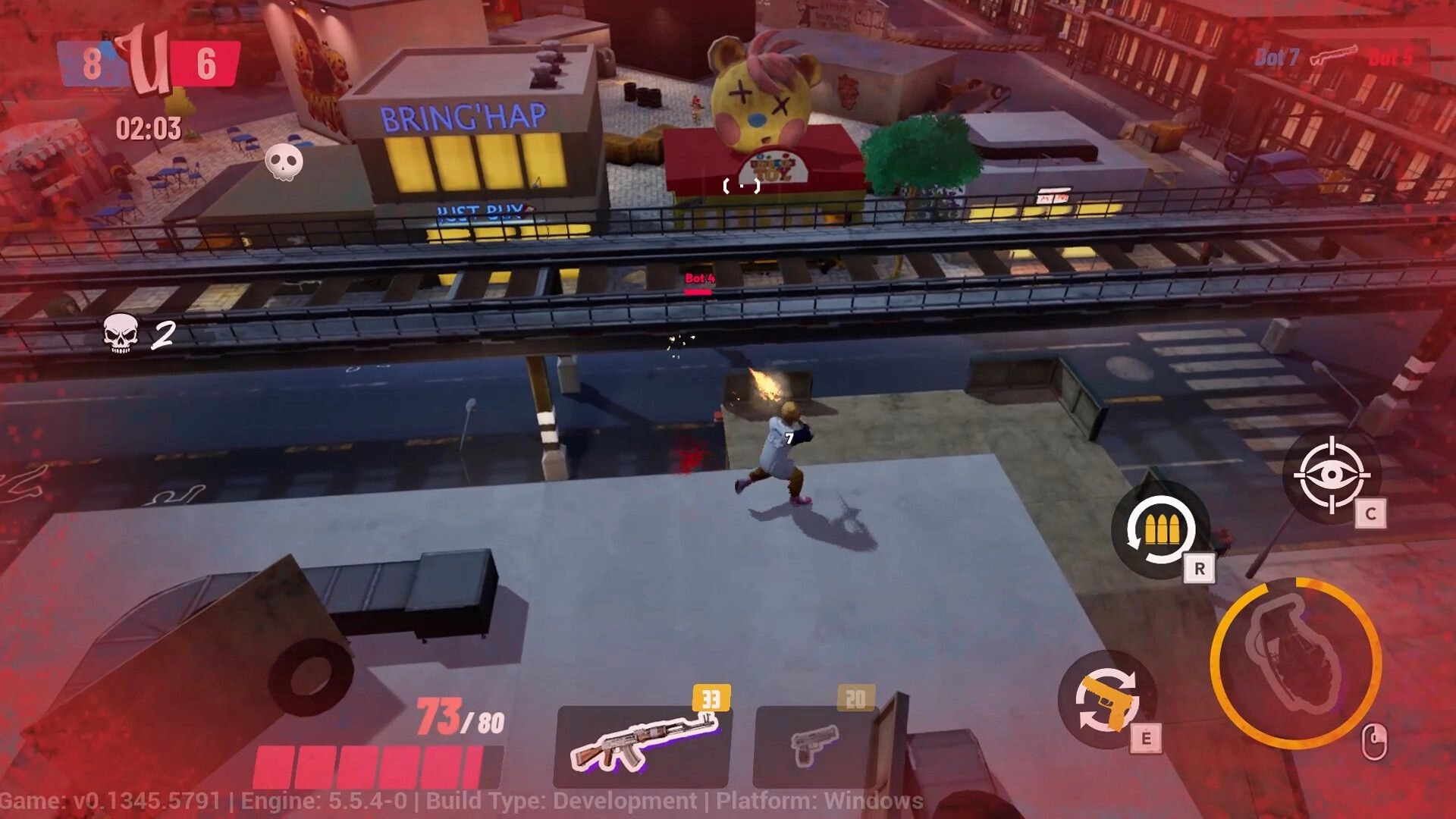 UniqKiller: Player shooting from rooftop in urban setting, UI shows health, ammo, and timer elements