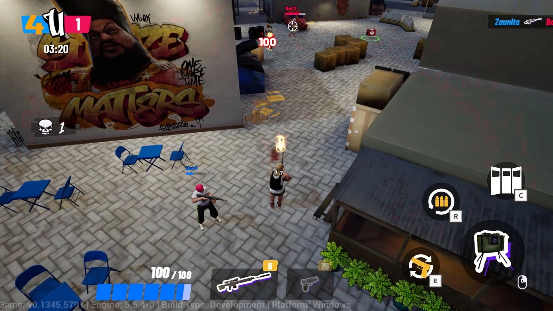 UniqKiller: Player battles enemies near graffiti wall in urban alley, UI shows health and ammo status