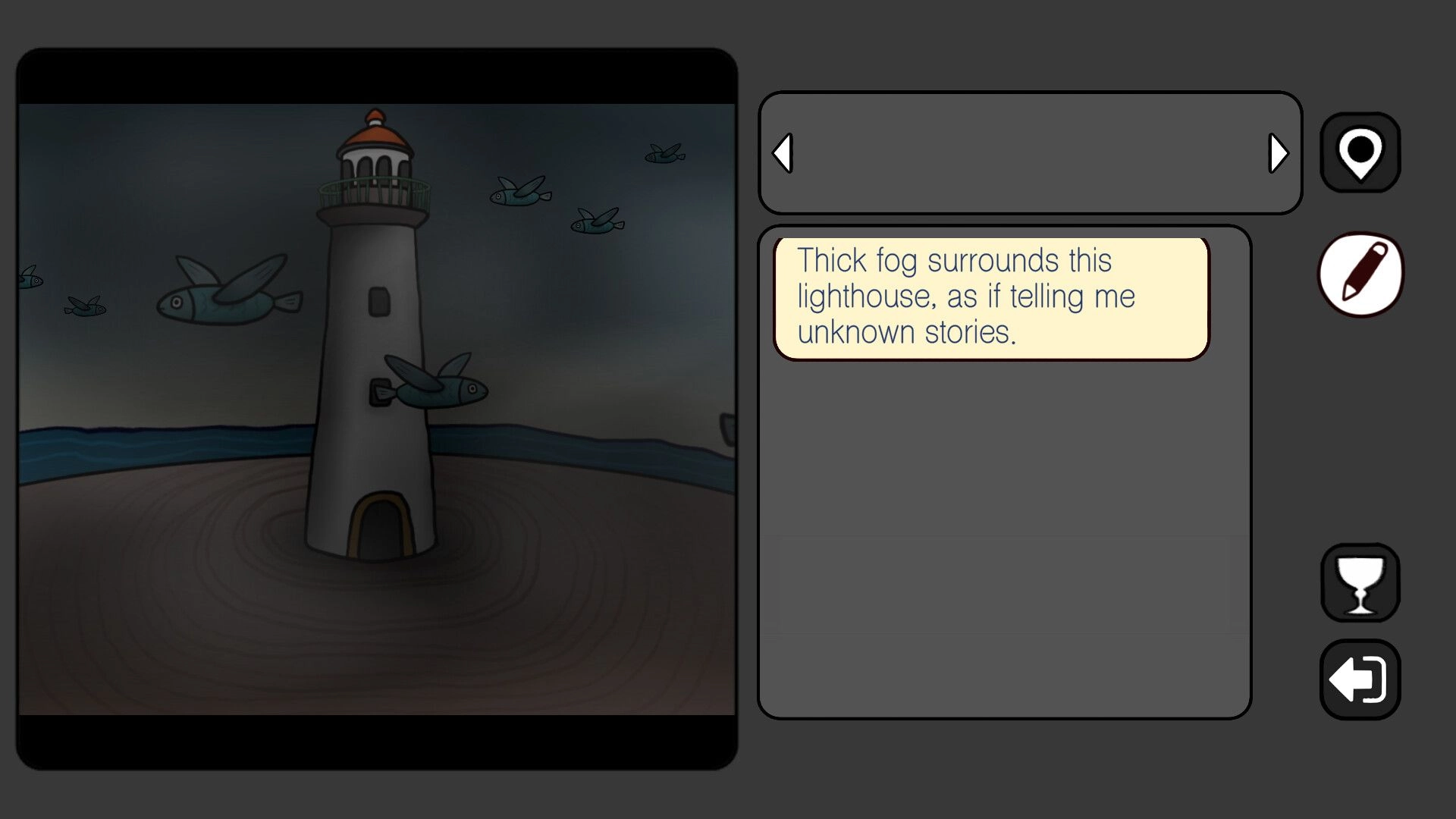 UNIVERSAL WEIRDNESS: Flying fish encircle a mysterious lighthouse with a foggy sea in the background.