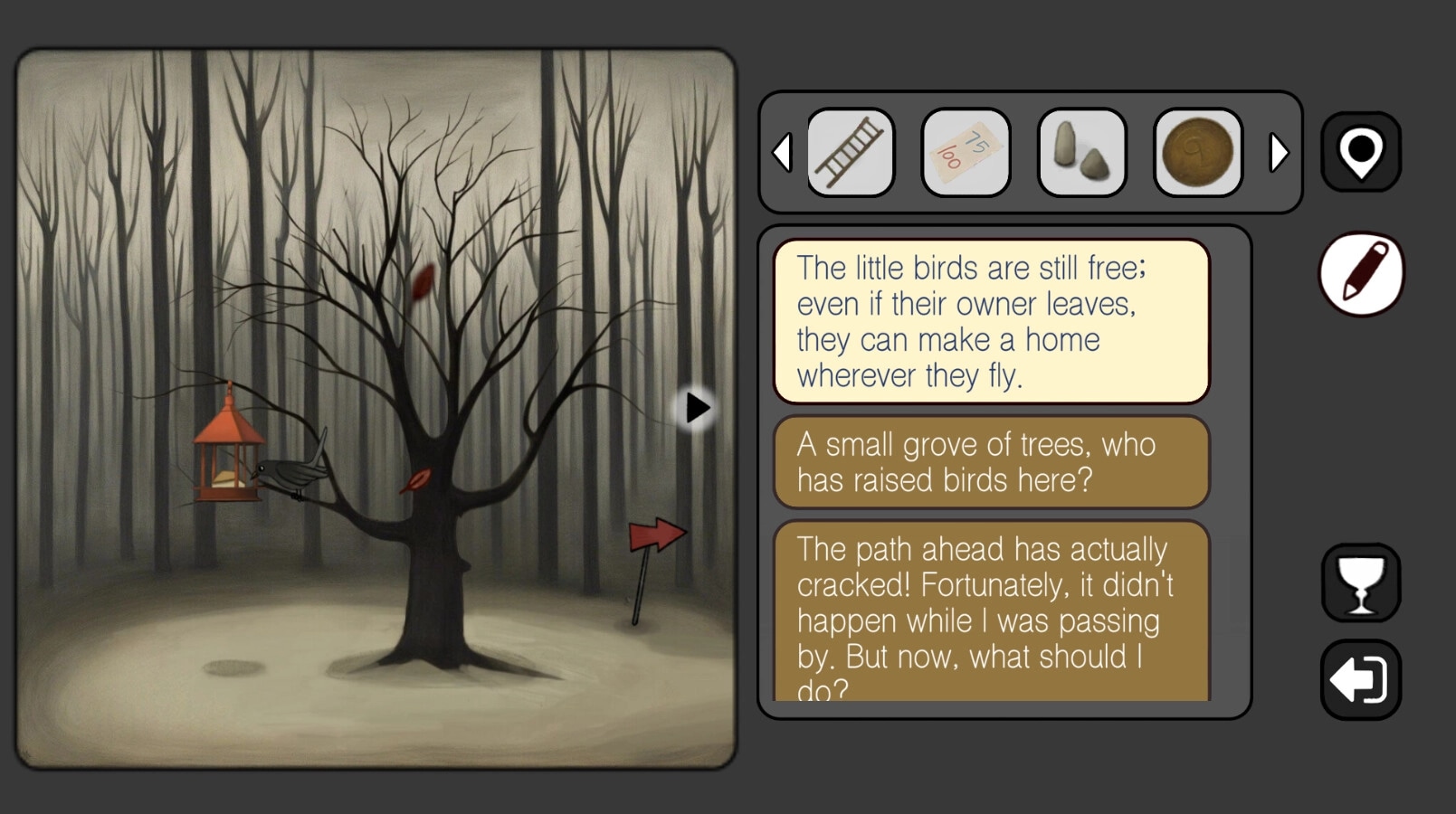 UNIVERSAL WEIRDNESS: Bird perched on tree branch in misty forest with dialogue and inventory menu visible