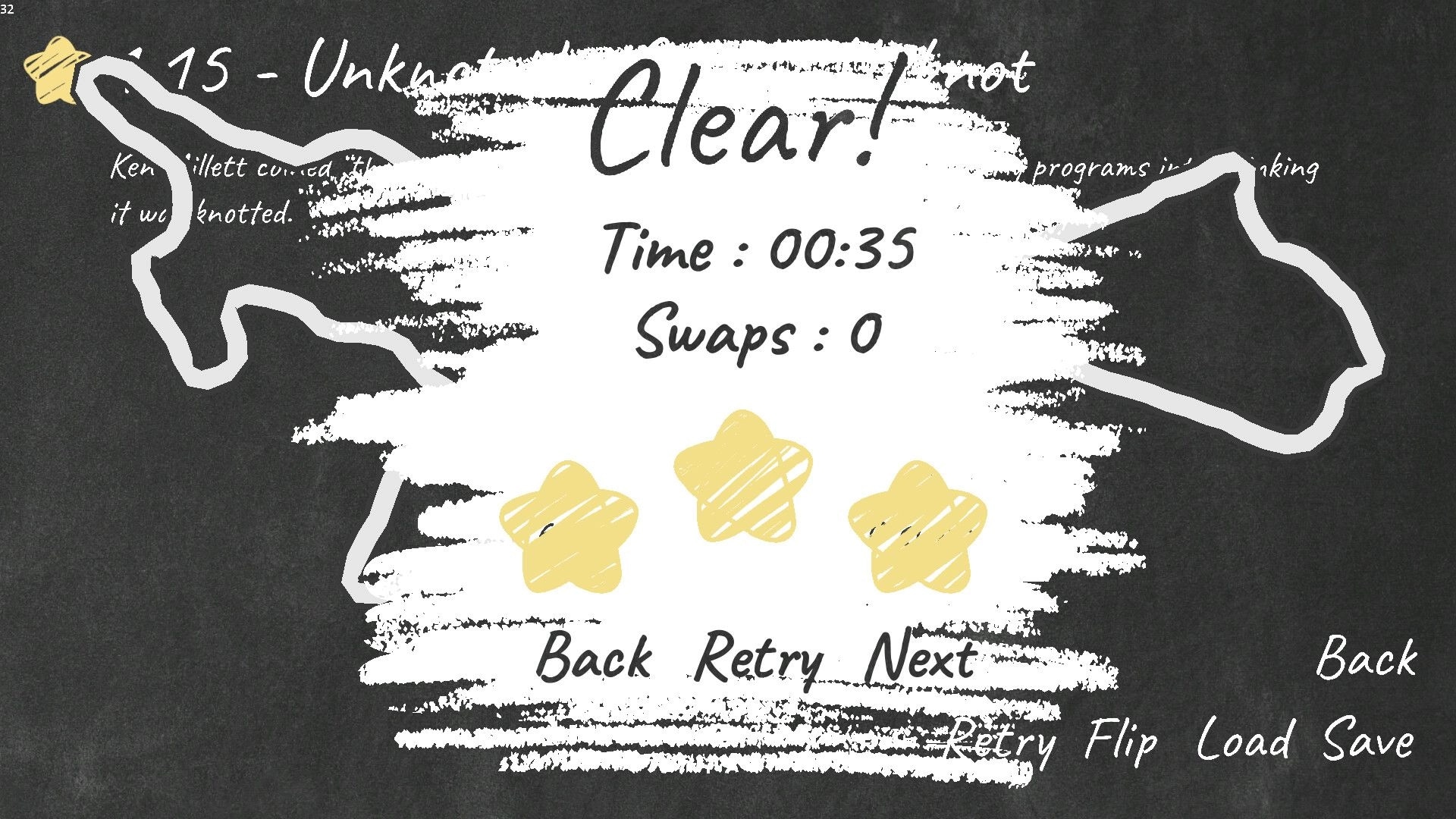 Unknot!: Level clear screen with time, swaps, and star ratings over chalkboard-style background