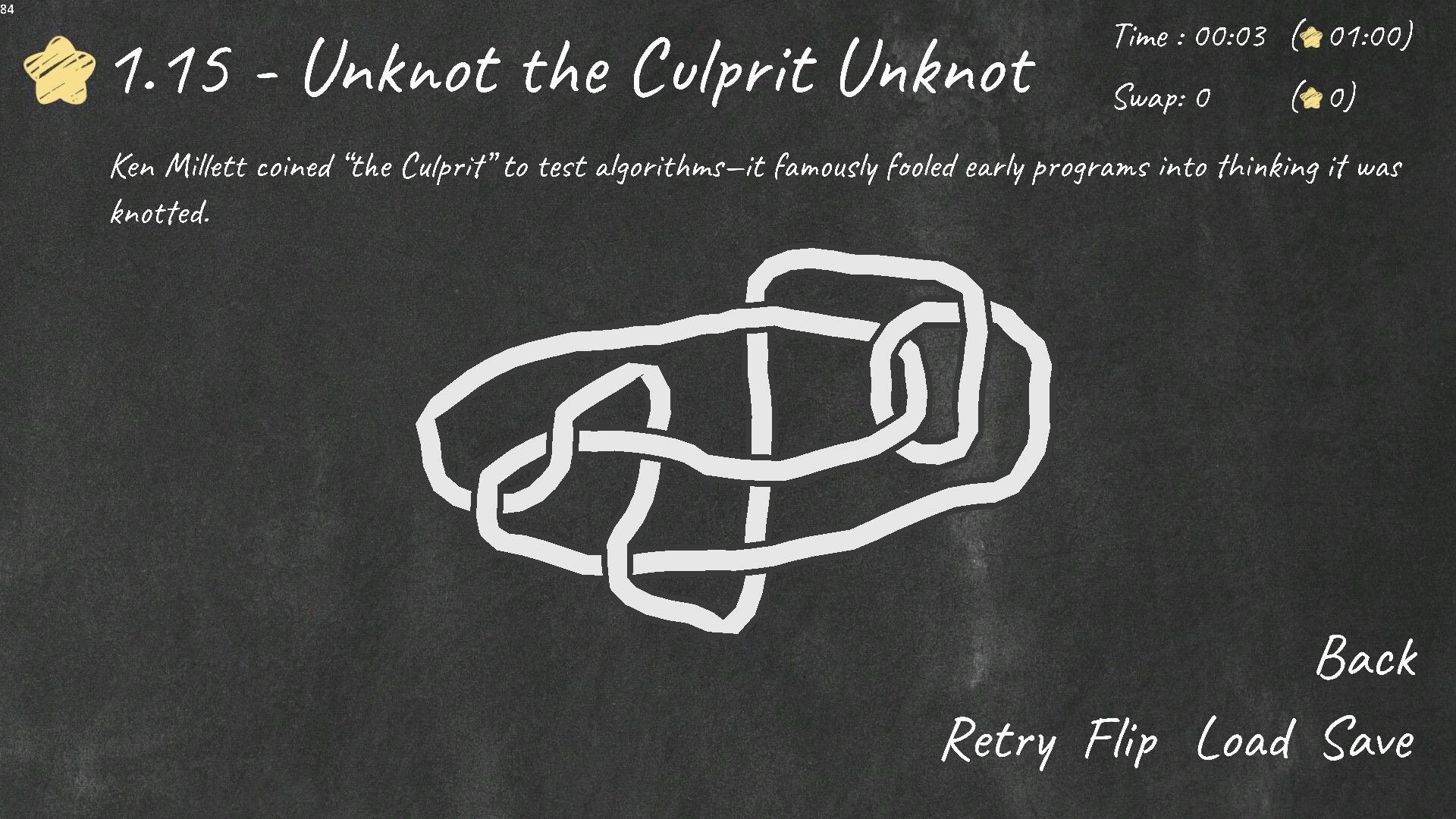 Unknot!: Puzzle screen with chalk-drawn knot, level title, and timers on blackboard-style background.