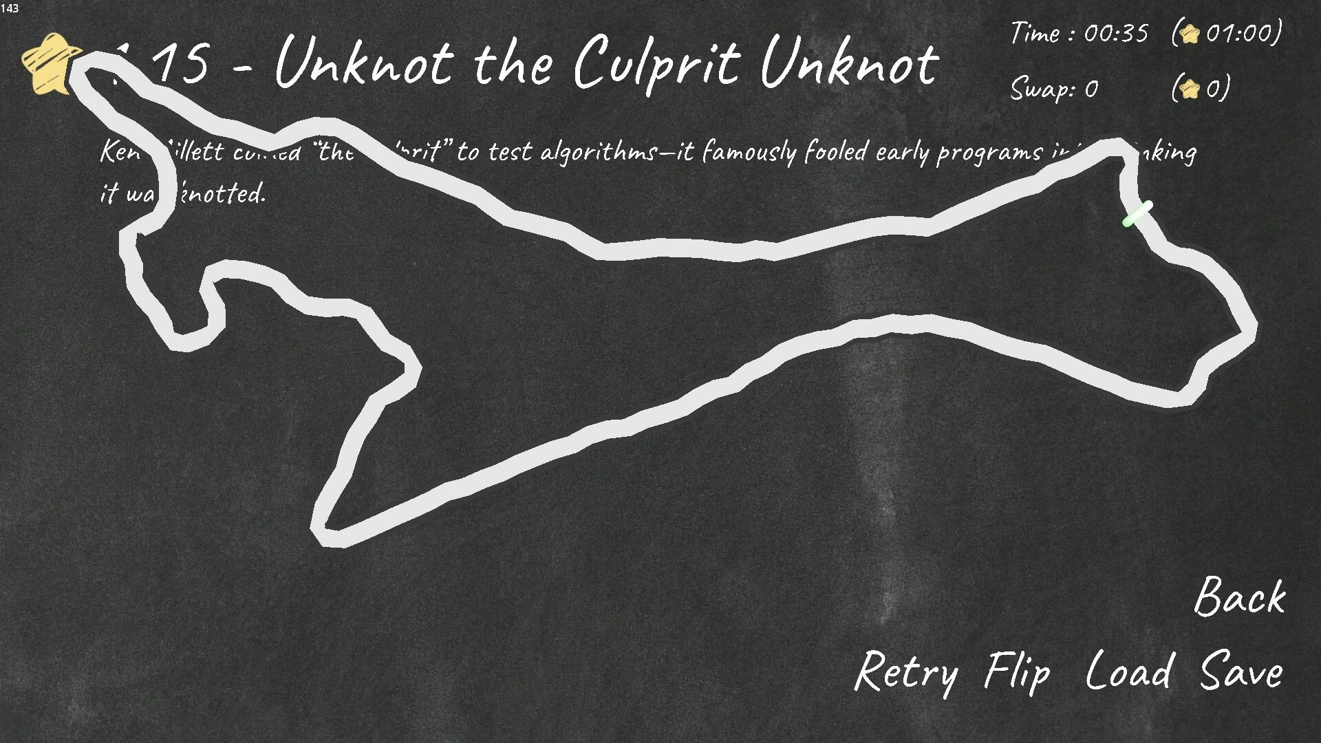 Unknot!: Level 15 puzzle with knotted line, timer, and options for retry, flip, load, and save actions.