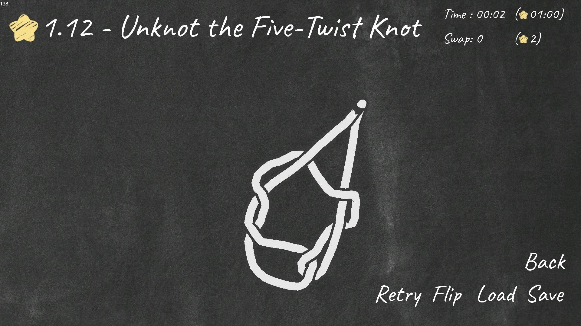 Unknot!: Untangling five-twist knot with time and swap counters on chalkboard-style interface