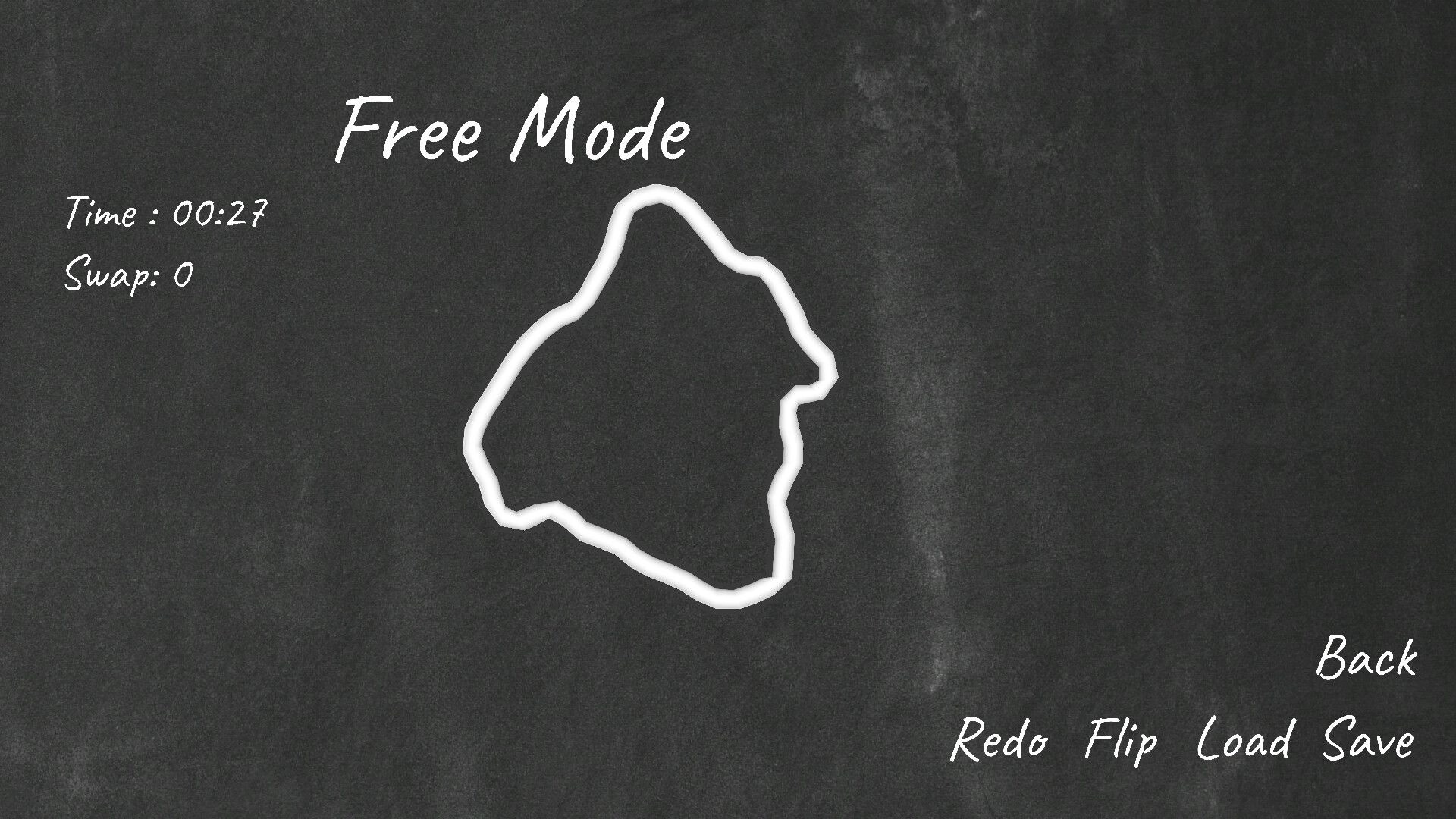 Unknot!: Free Mode with knot outline on chalkboard background and timer, swap count, and controls visible.