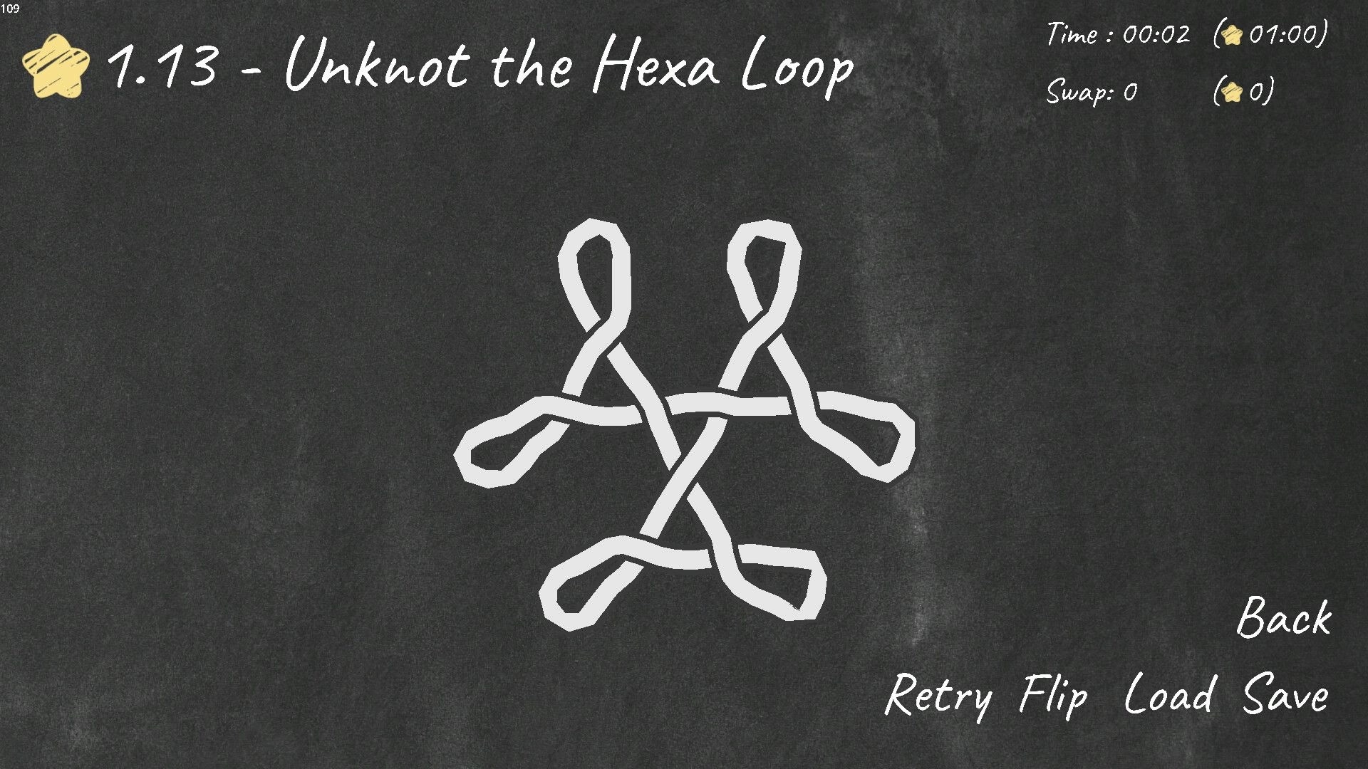 Unknot!: Hexagonal knot puzzle on chalkboard with time, swap count, and menu options visible