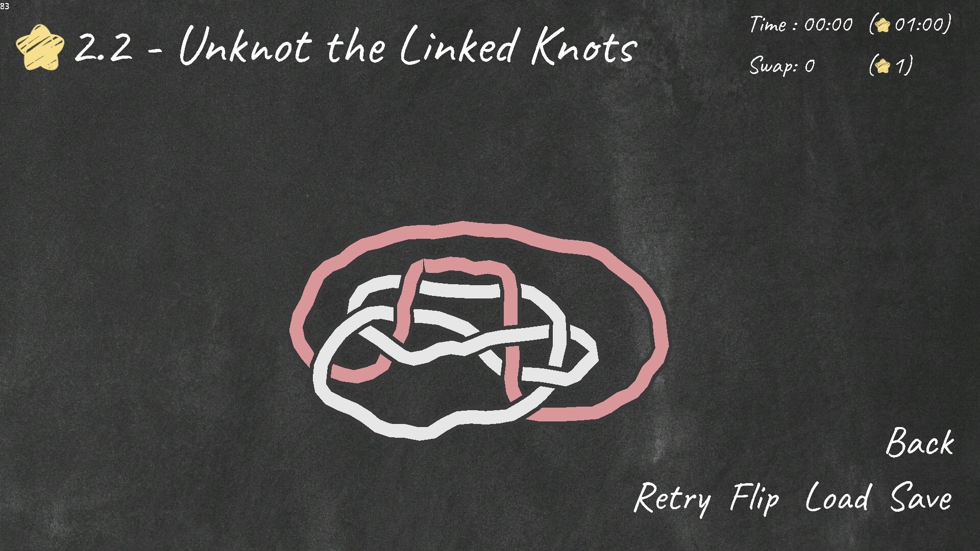 Unknot!: Level 2.2 interface showing linked knots, time, swaps, and options in chalkboard style.