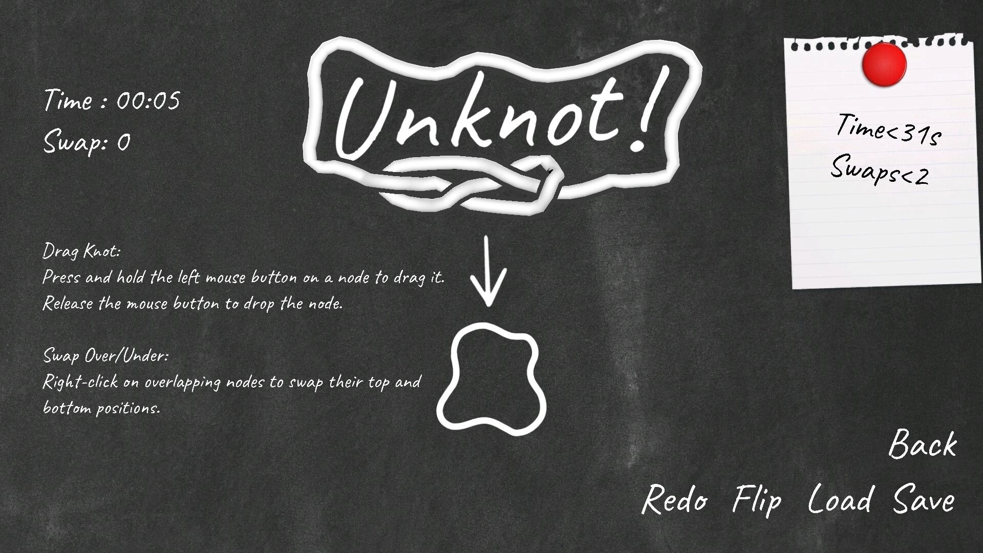 Unknot!: Tutorial screen with knot dragging instructions on a chalkboard background, time and swap stats.
