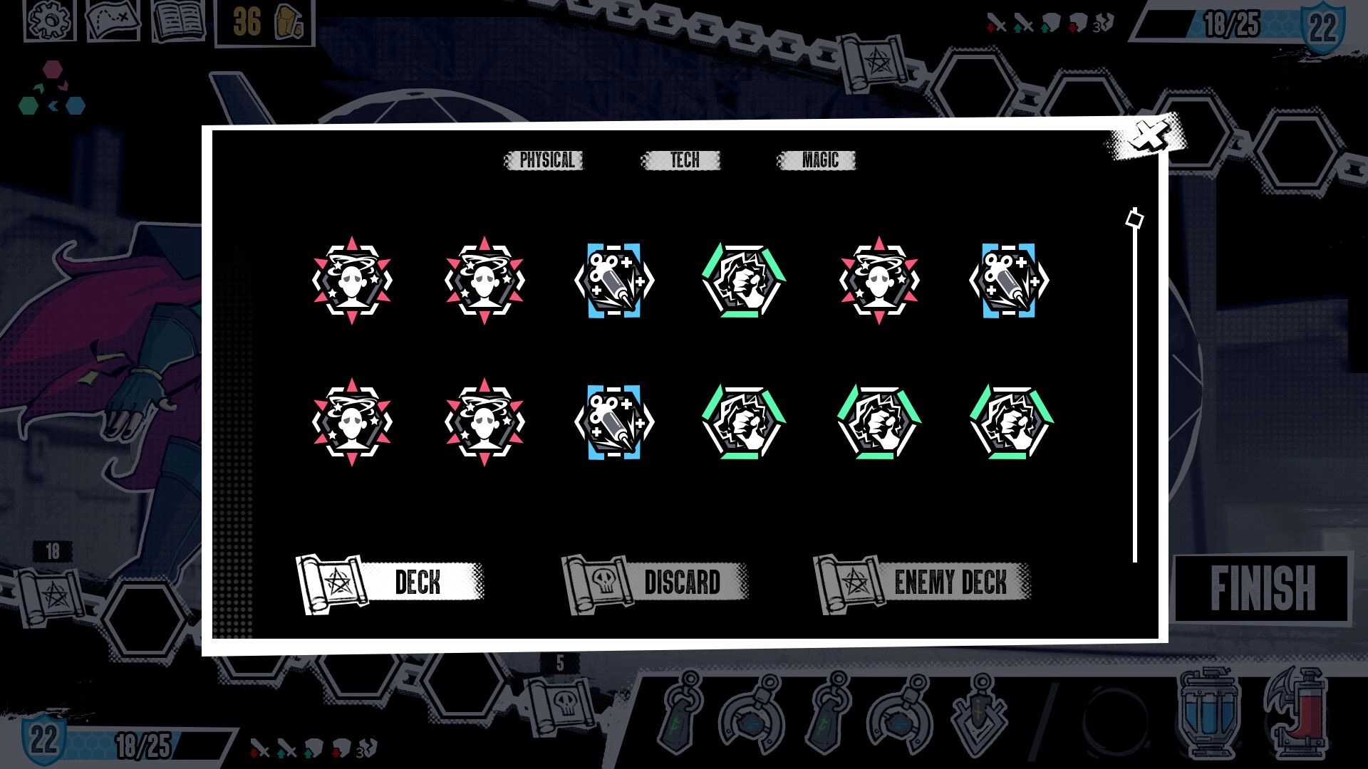 Unleash: Deck management menu with Physical, Tech, Magic icons and Deck/Discard/Enemy Deck tabs.