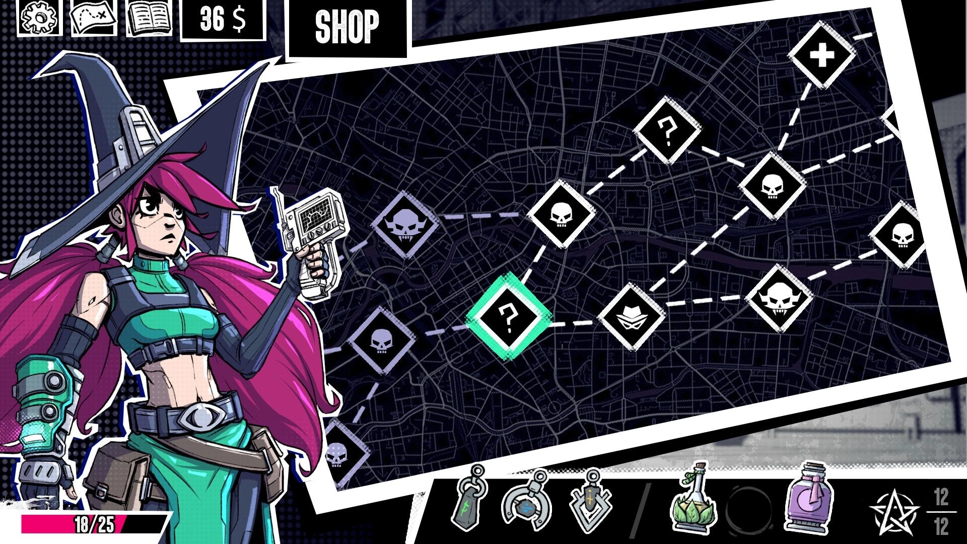 Unleash: Shop map screen with node path icons and pink-haired witch aiming a pistol left.