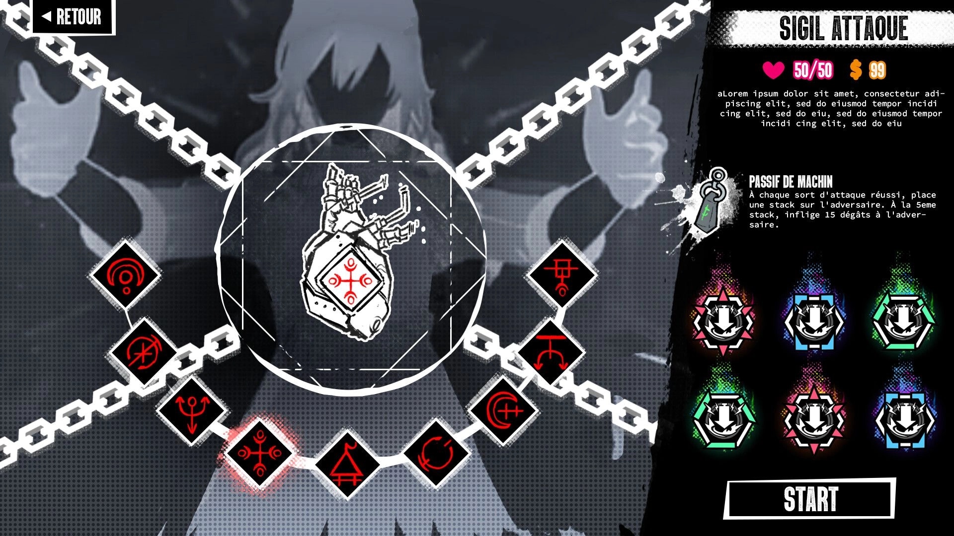 Unleash: Sigil Attaque selection screen with chained nodes, stats 50/50 and 99, Start button.