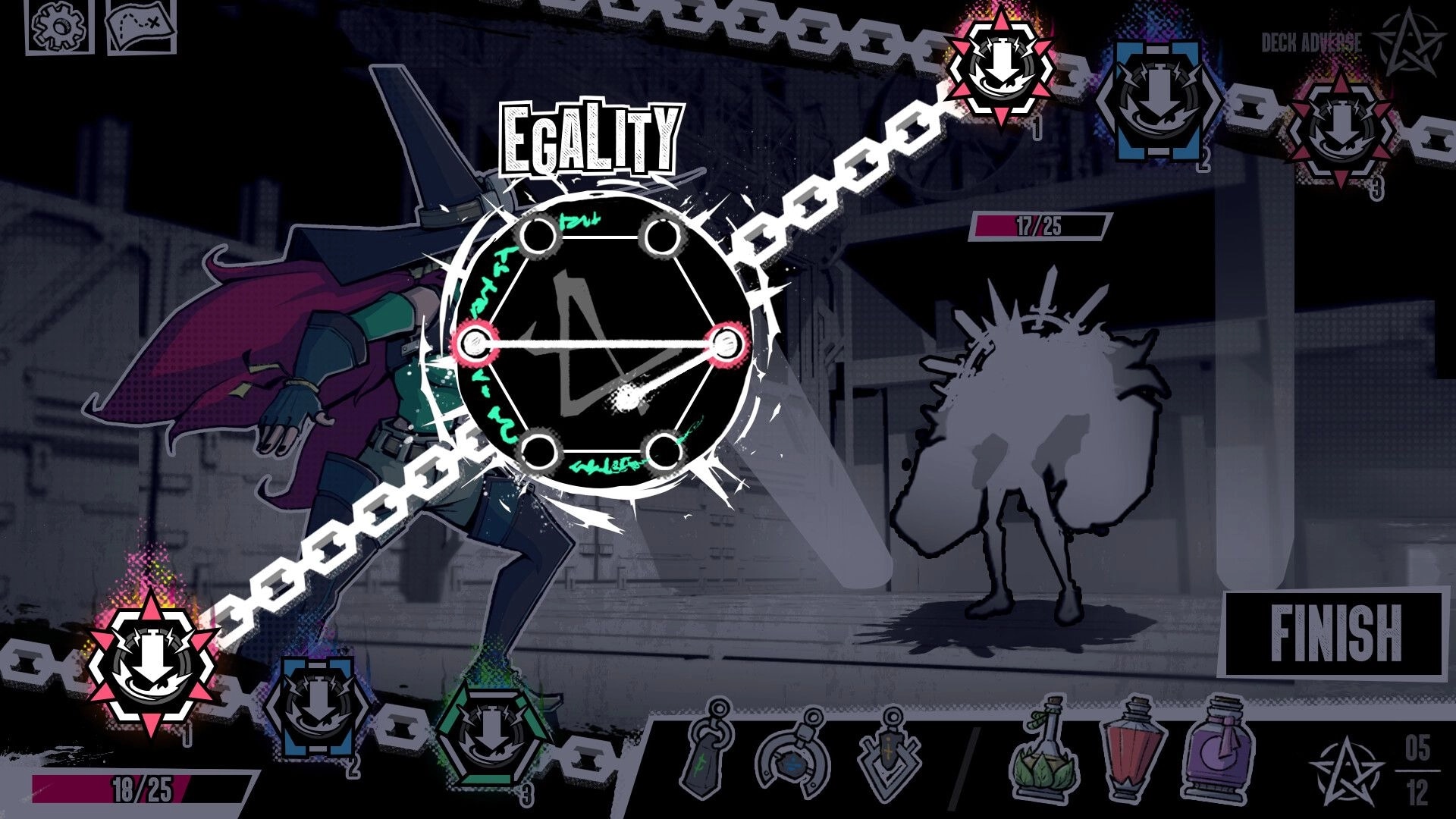 Unleash: Equality spell wheel UI over combat in a gray corridor, enemy silhouette and Finish button.