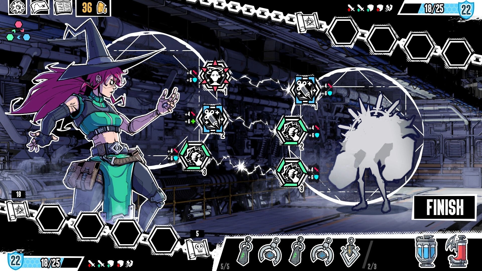 Unleash: Witch duels silhouetted foe with spell nodes and Finish button in starship corridor UI.