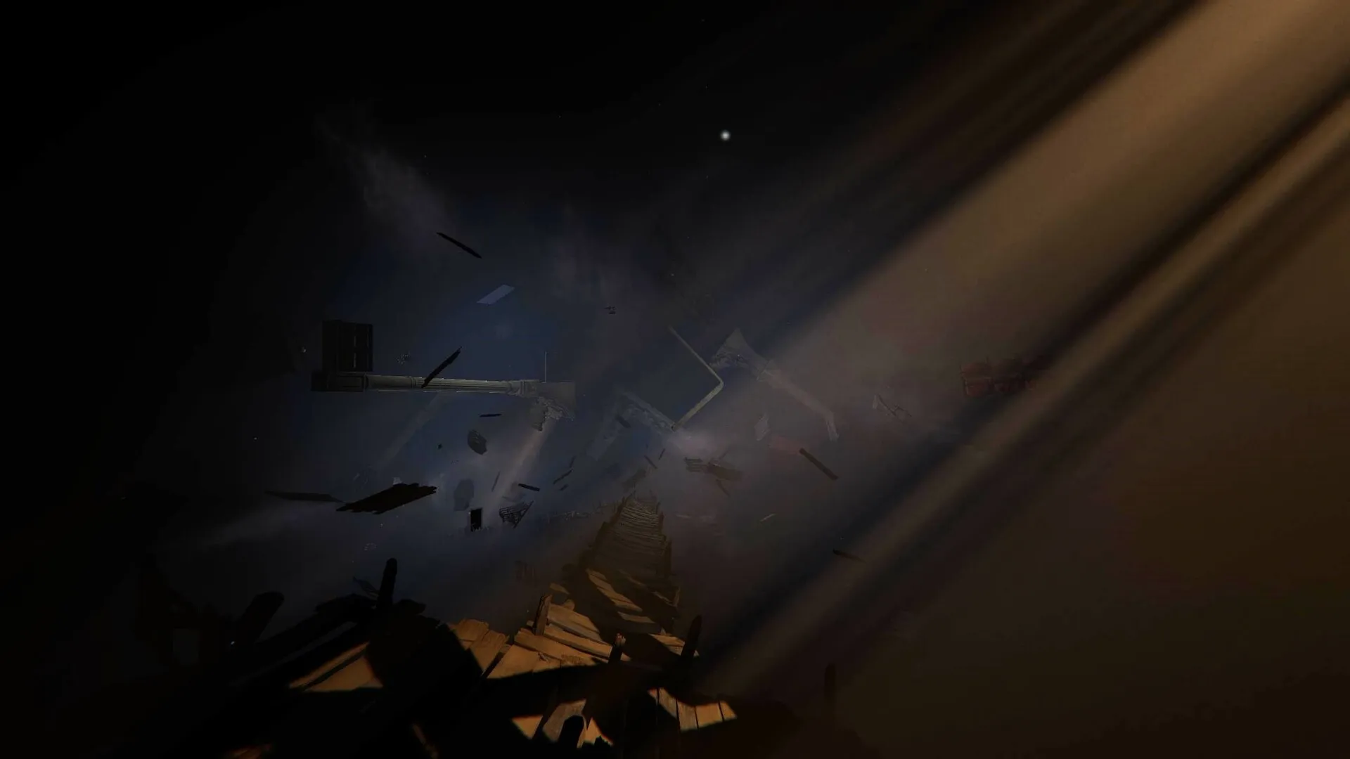 Unmourned: Jason walks on a collapsing wooden bridge in a dark, eerie void with scattered debris.
