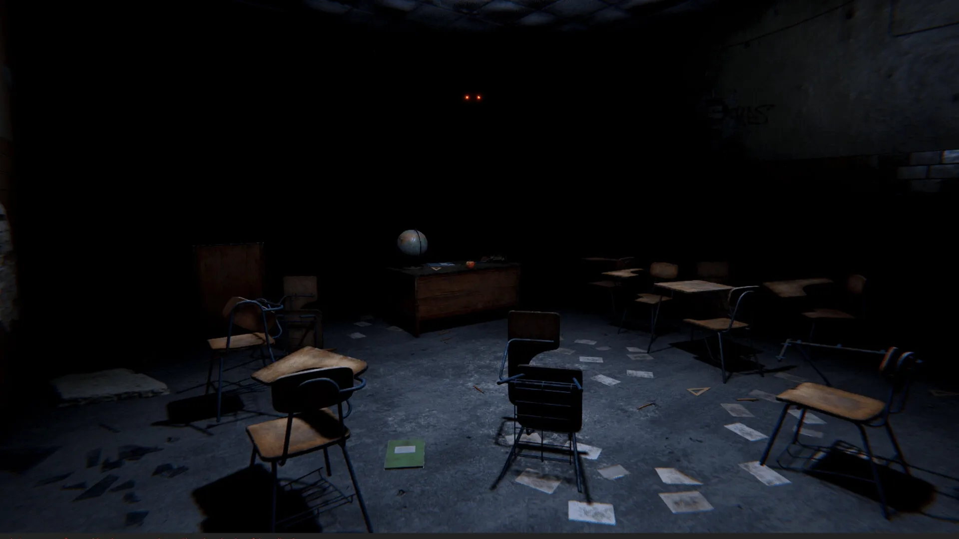 Unmourned: Abandoned classroom with scattered desks and papers, eerie red eyes glowing in darkness