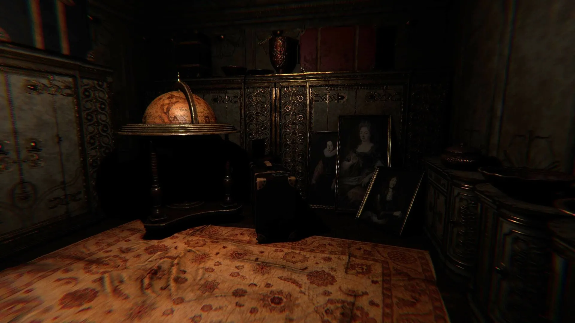 Unmourned: Antique-filled study with globe and portraits beside ornate cabinets and patterned rug